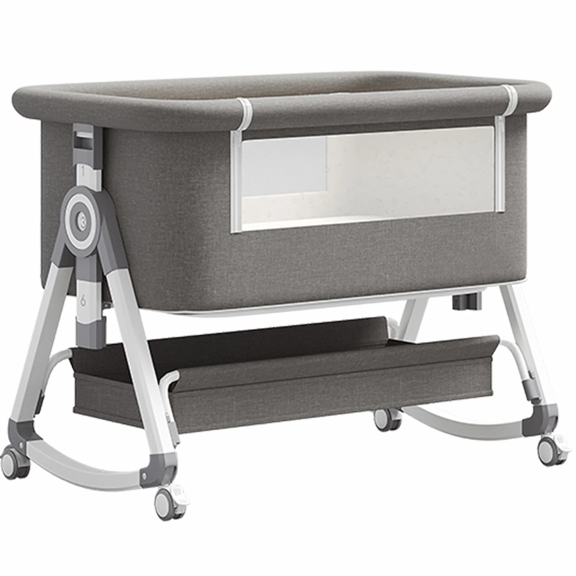 YAZOCO Cuna 3 en 1, Cuna de Colecho, Crib Mecedora, Ajuste de Altura, 4 Ruedas con Freno, Colchón Ergonómico Gris
