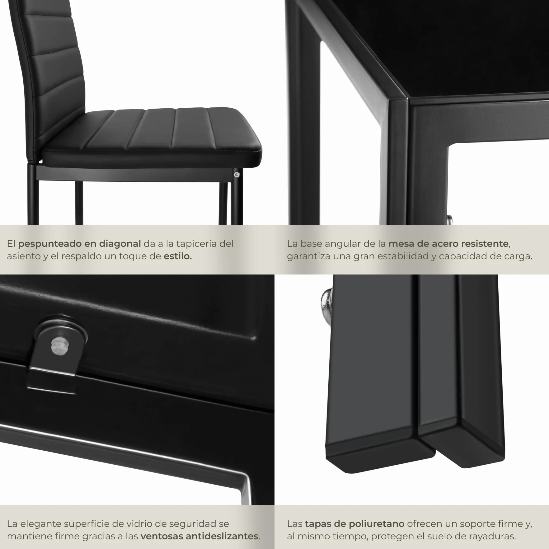 tectake® Conjunto Mesa y sillas de Comedor, Mesa con Tablero Cristal Seguridad y 4 sillas Cocina tapizadas Cuero sintético, Estructura Acero, sillas Comedor, Set Muebles de Cocina - Negro