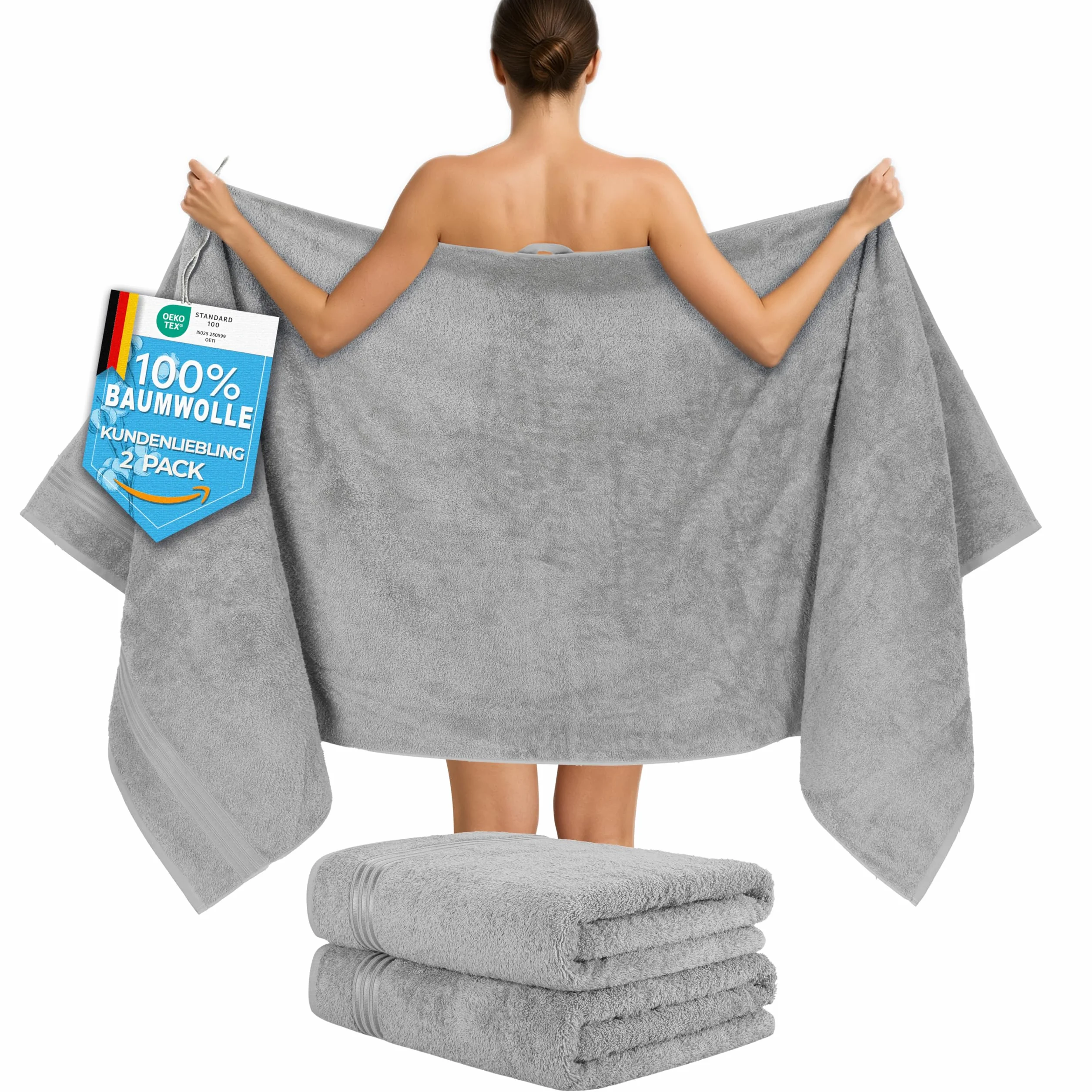 Hammetex Toallas de Sauna 80x200 cm Pack de 2 – Toallas de Ducha Extra Grandes – 100% Algodón Rizo – Certificadas Oeko-Tex – Suaves, Absorbentes – con Presilla