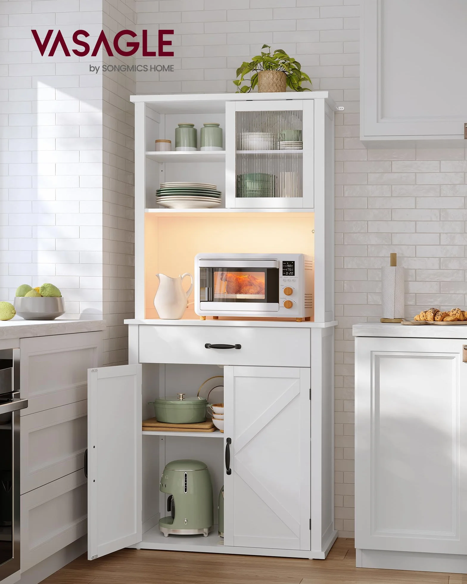 VASAGLE Armario con Luces y Cargador, Armario de Cocina, con Puertas y Cajones, 39,5 x 80,4 x 180,6 cm, Estantes Ajustables, Estilo Rústico, Blanco Nube BBK363W21