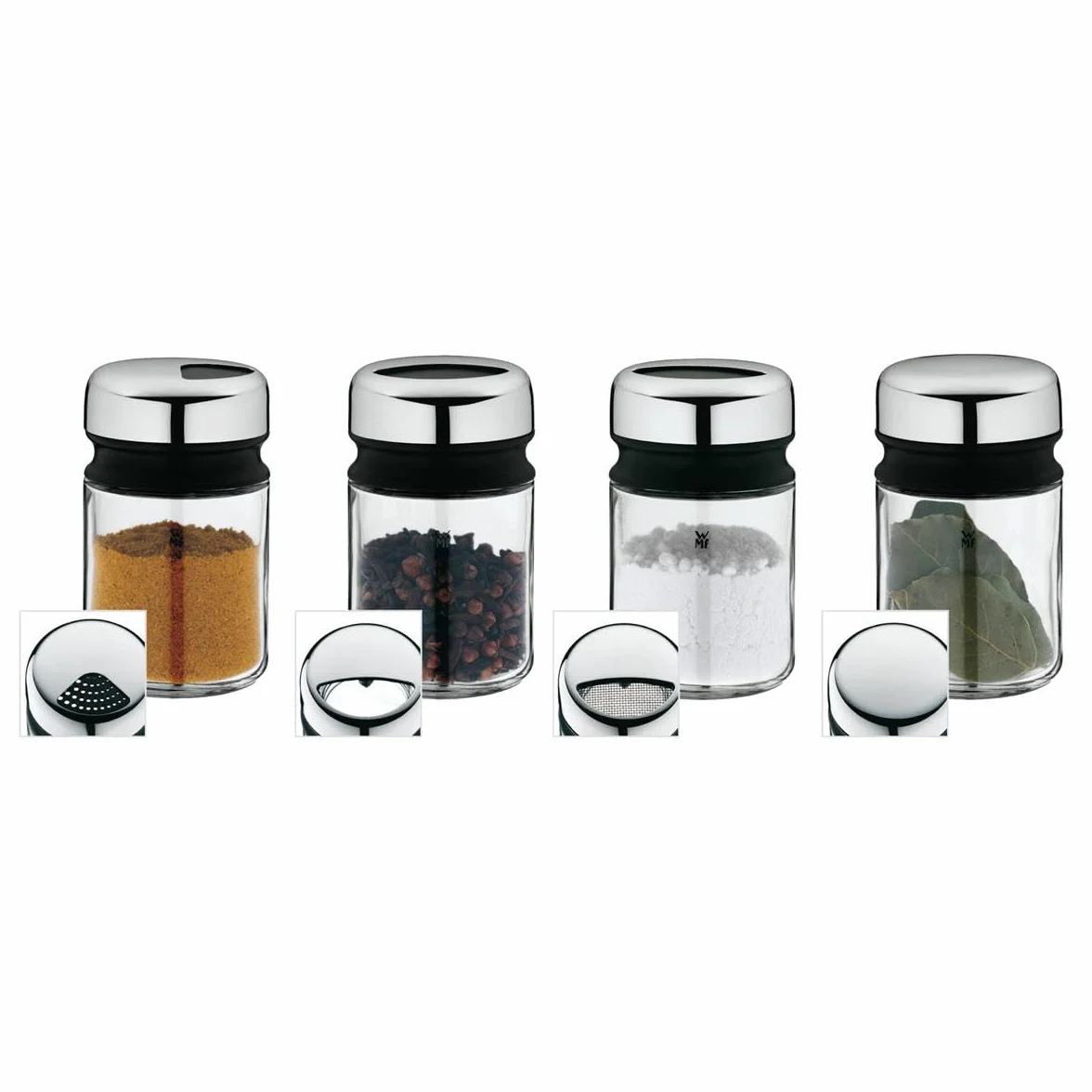 WMF Depot - Juego de 4 Piezas Botes de Especias de 100ml y Tapa de 4 posiciones Tarro de Especias de Vidrio y Acero Inoxidable Cromargan, Apto para lavavajillas