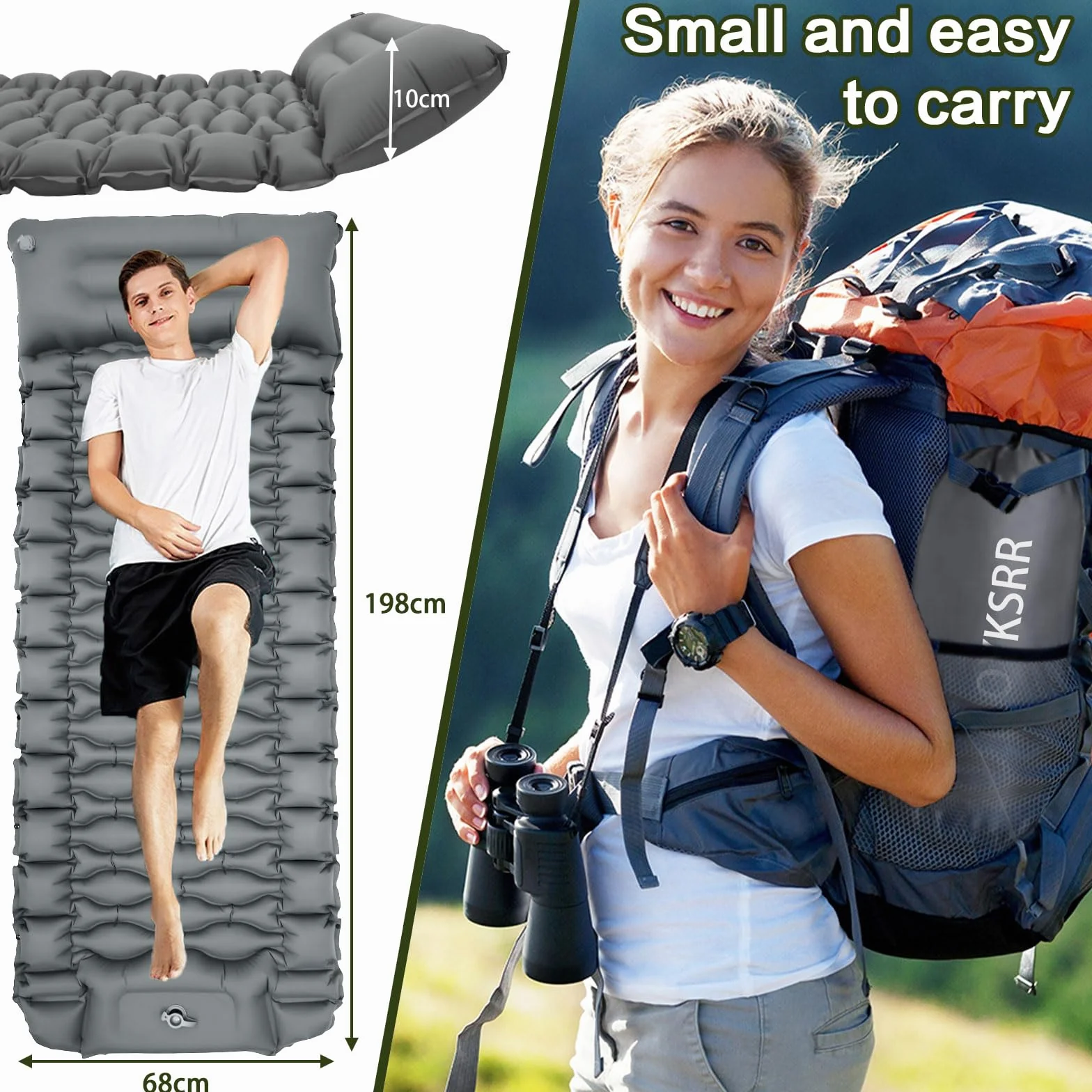 MOYKSRR Colchon Hinchable 10 cm Espesor Inflable Camping Autohinchable con Almohada y Bomba de Pie