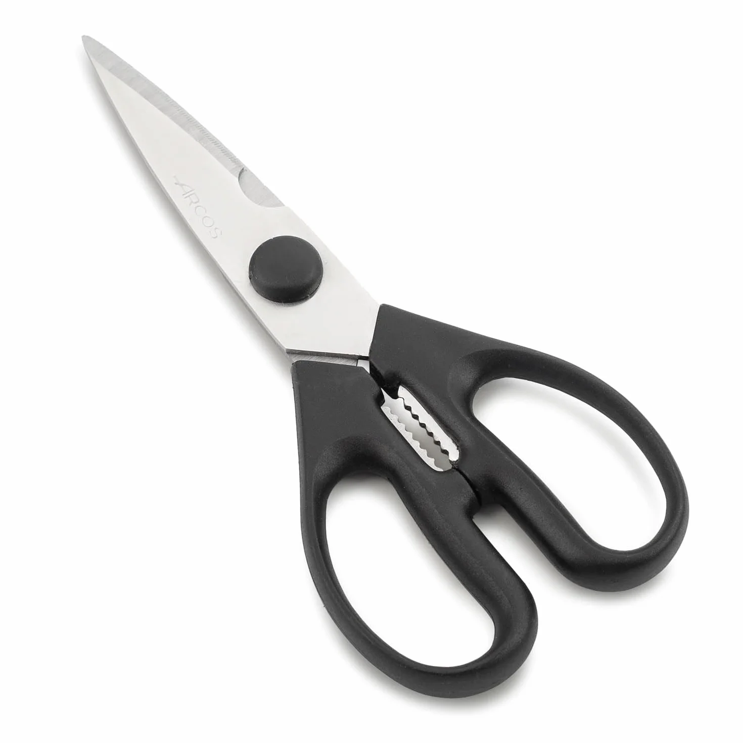 Arcos Tijeras de Cocina de Acero Inoxidable Nitrum. 195 mm - 154 gr. Mango ergonómico polioximetileno POM. Serie Prochef. Borde liso y elegante mango. Color negro.