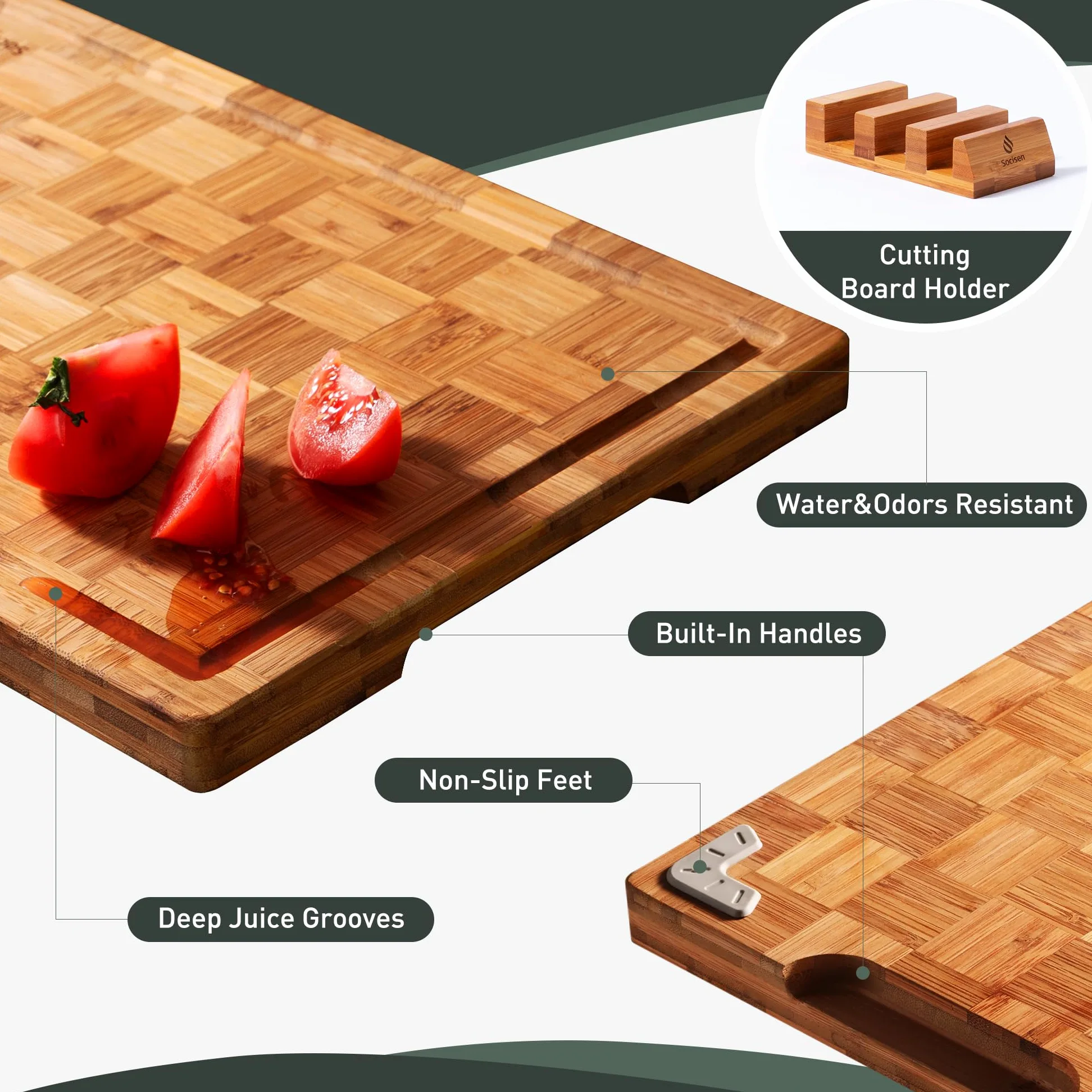 Juego de 3 tablas de cortar de bambú resistentes antideslizantes sobre el fregadero, bonita tabla de cortar de madera gruesa de grano sólido con ranura para jugo, extra grande, grande, pequeña, la