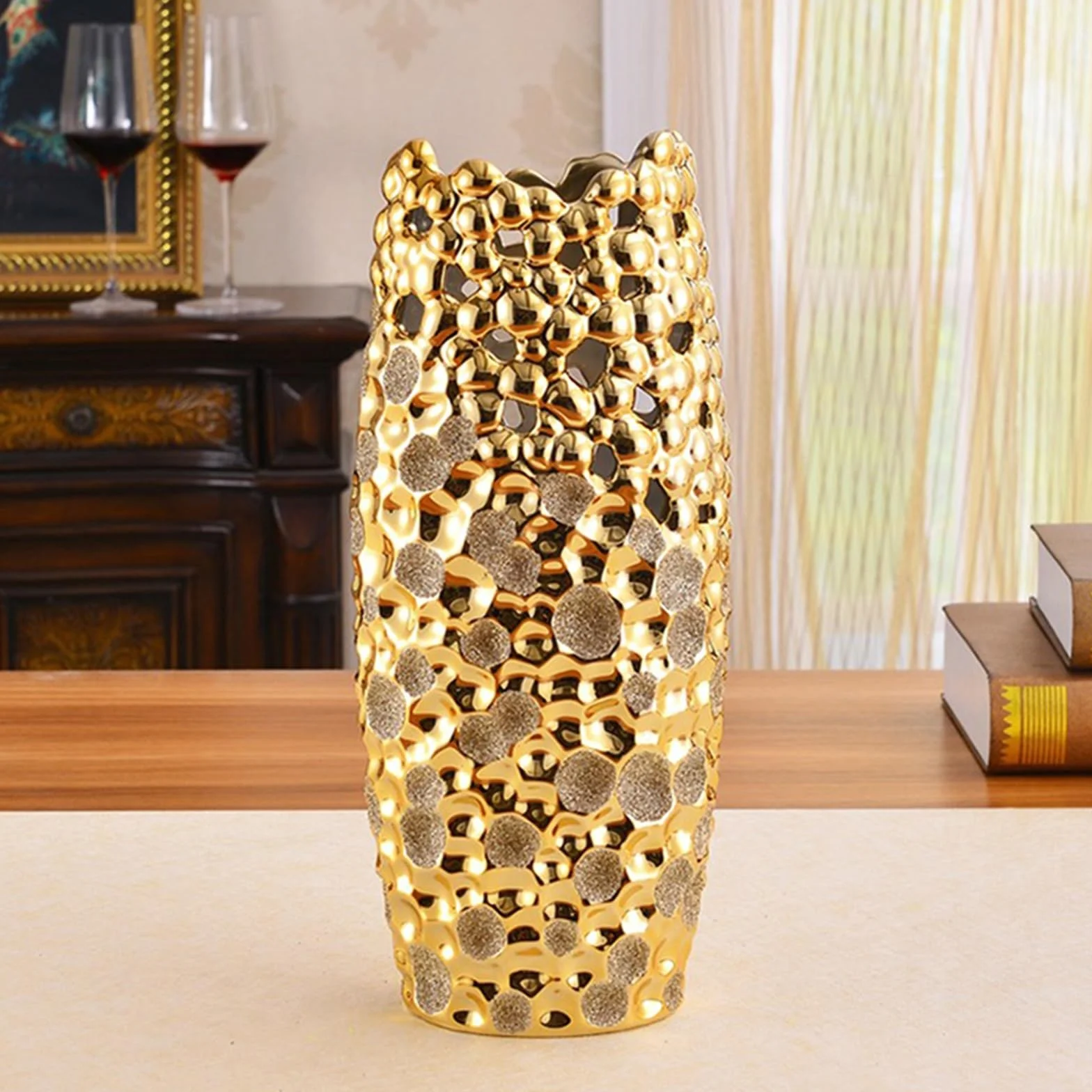 Florero Jarrón Dorado Brillante, decoración Creativa de jarrón, artesanía de cerámica, decoración del hogar, Sala de Estar, Mueble de TV, Arte Floral Moderno Jarrones para Flores