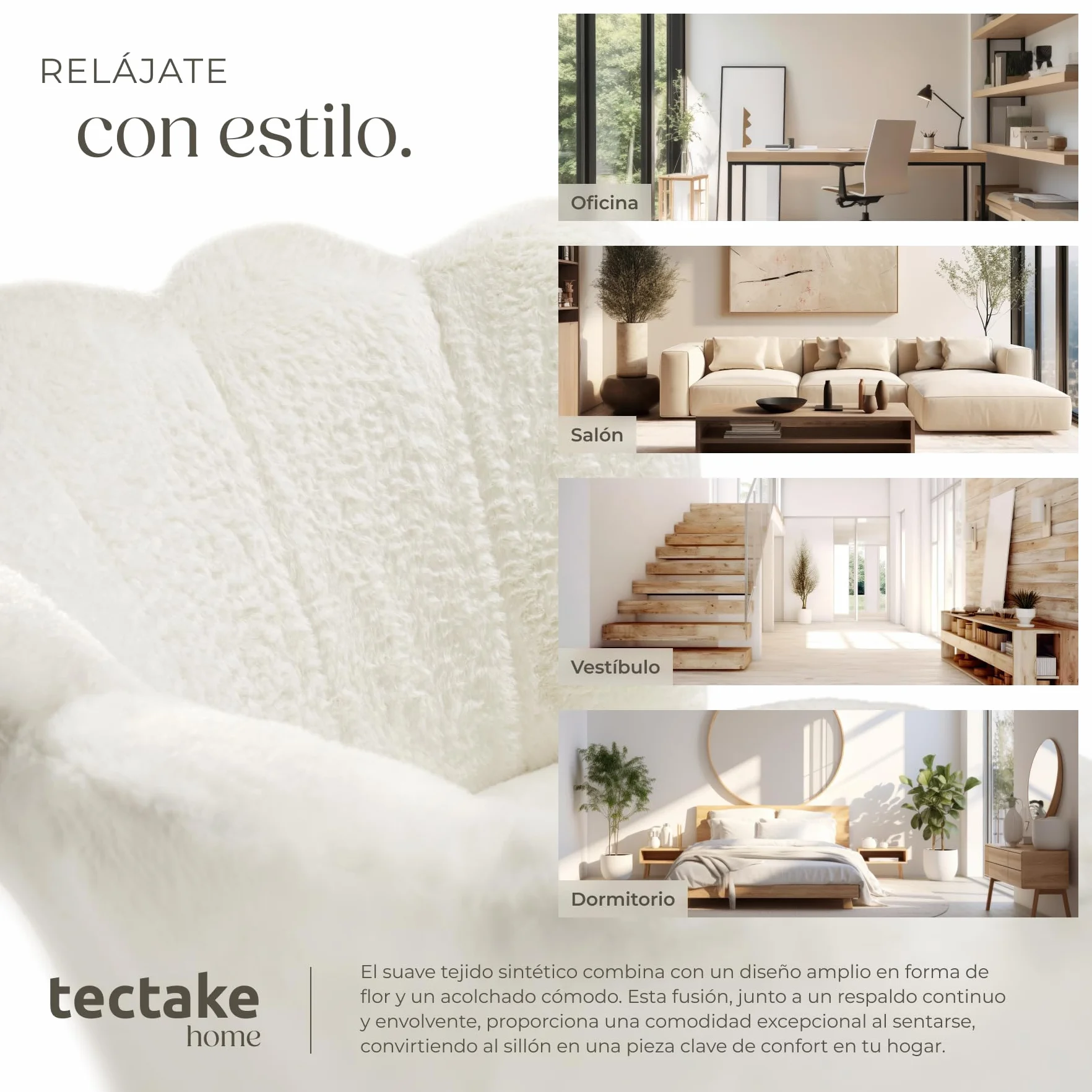 tectake® Sillón Tapizado con Acolchado Grueso, Butaca Salón con Respaldo Curvado en Forma de Flor, Sillón de Lectura con Patas de Acero, Tapas Antideslizantes, Silla Oficina - Terciopelo, Crema/Negro