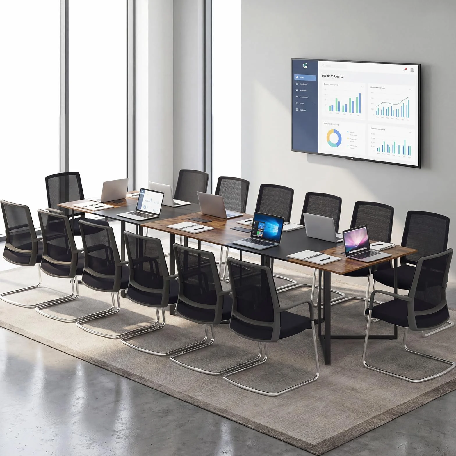 GIANTEX Mesa de Conferencia Rectangular 180x100cm, Escritorio para 6-8 Personas con 2 Pasacables, Estructura Metálica, Estilo Industrial, Mesa de Reunión para Oficina, Casa