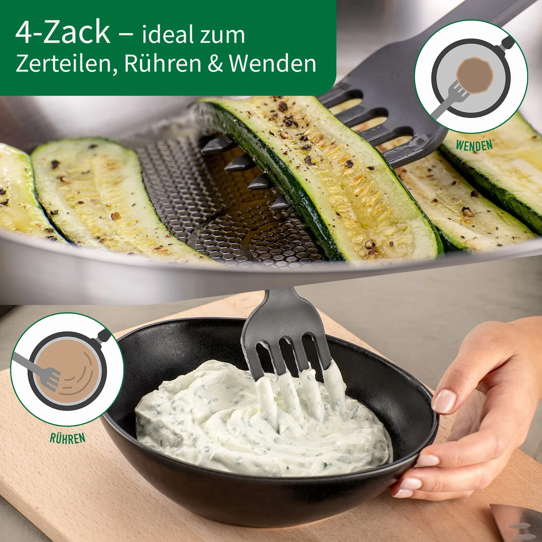 FACKELMANN Chefkoch Multitenedor de plástico – Tenedor de cocina con mango ergonómico Soft-Touch – Tenedor de cocina adecuado para ollas y sartenes con revestimiento – Resistente al calor y apto para