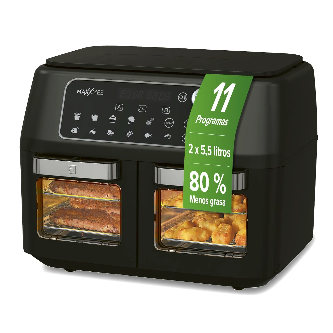 MAXXMEE Freidora de aire caliente de doble cámara 11 l | Combinación inteligente de horno de aire caliente, parrilla y freidora con 2 compartimentos XXL de 5,5 litros cada uno | Panel de control