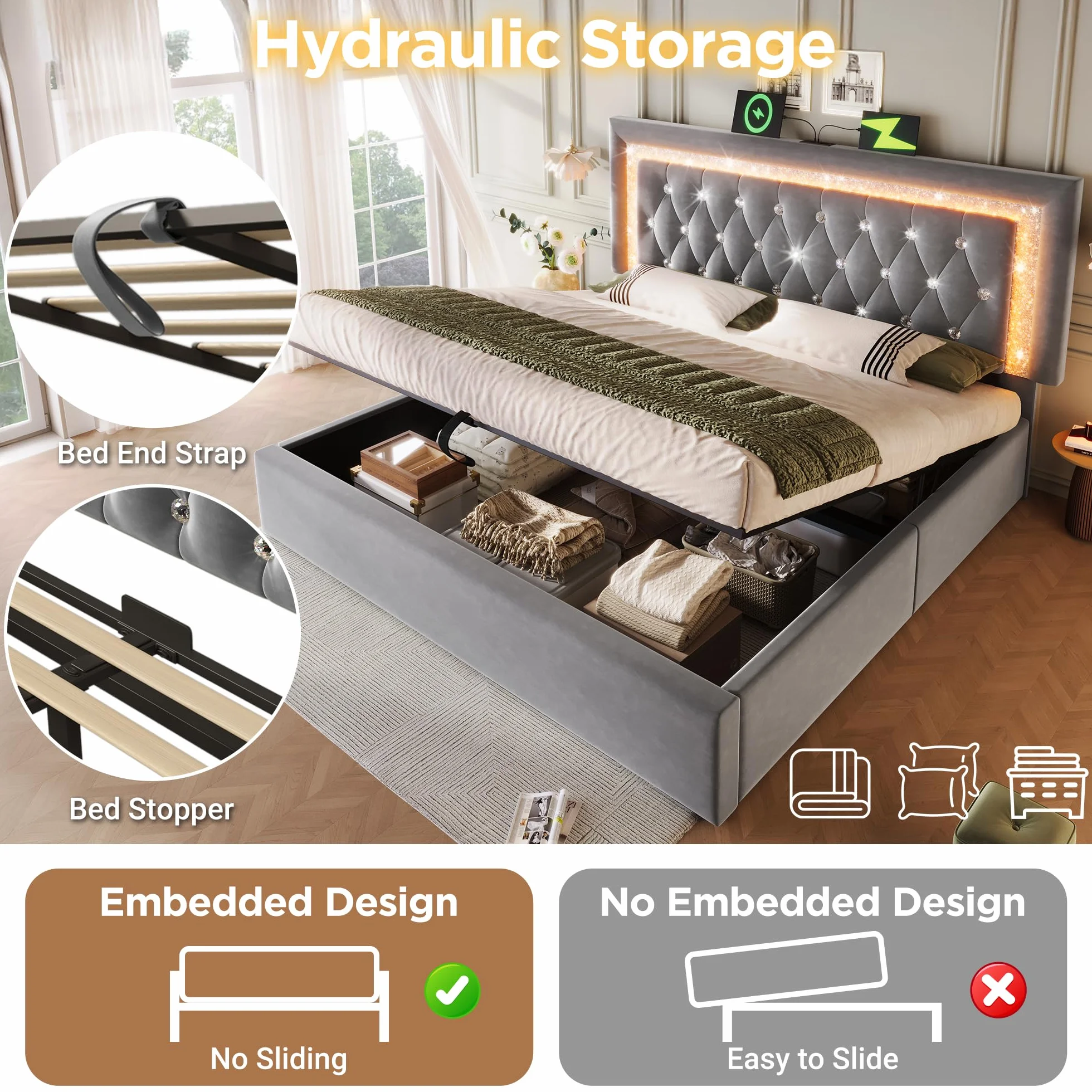 Cama Tapizada Matrimonio 140x200 cm con Cabecero LED y Carga USB, Camas Juveniles con Almacenaje Hidráulico, Camas Matrimoniales con Lamas de Madera, Terciopelo, Sin Colchón, Gris