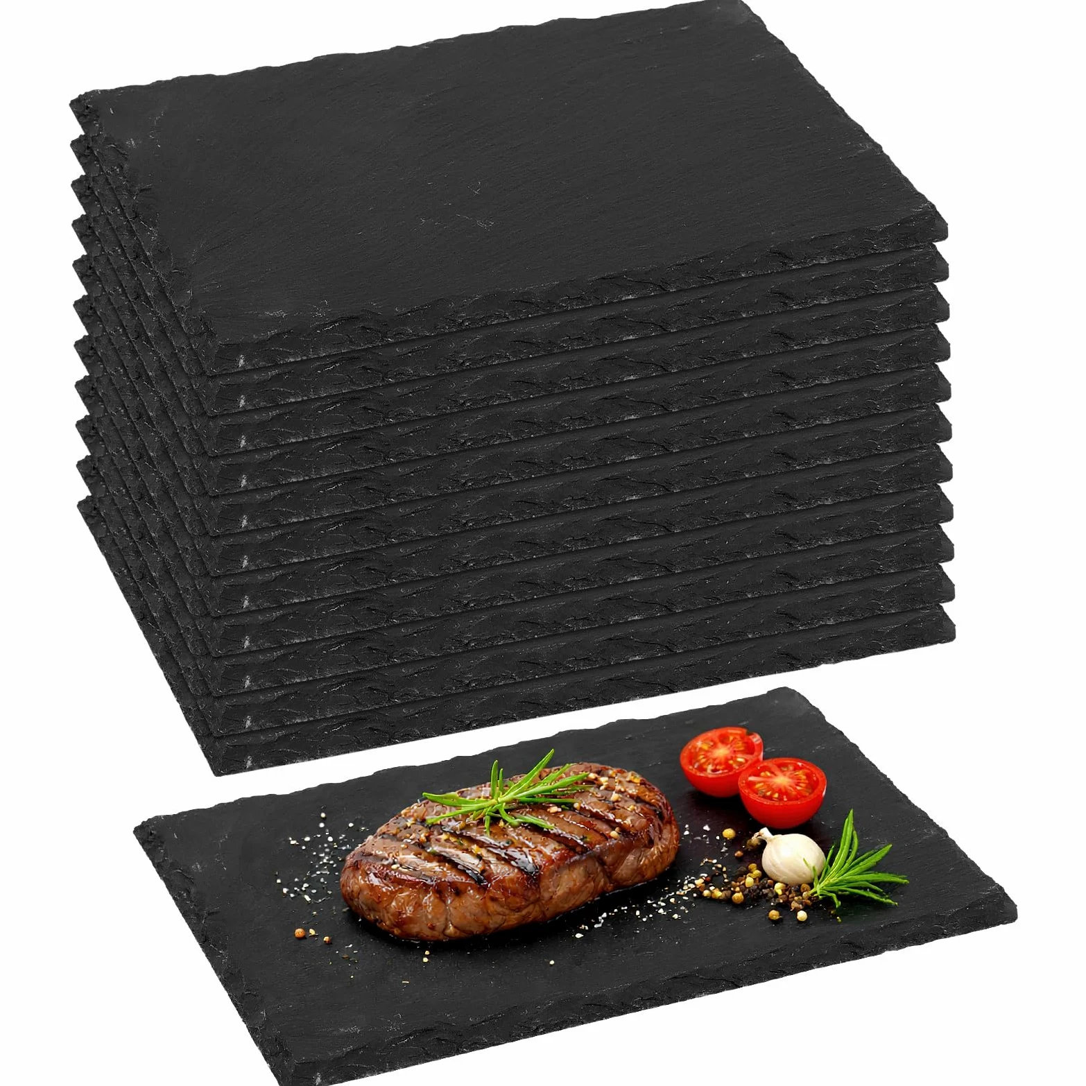 MSYU Paquete de 12 tablas de queso de pizarra negra de 23 x 15 cm, bandeja de pizarra para servir, platos de pizarra para alimentos, sushi, filetes y embutidos