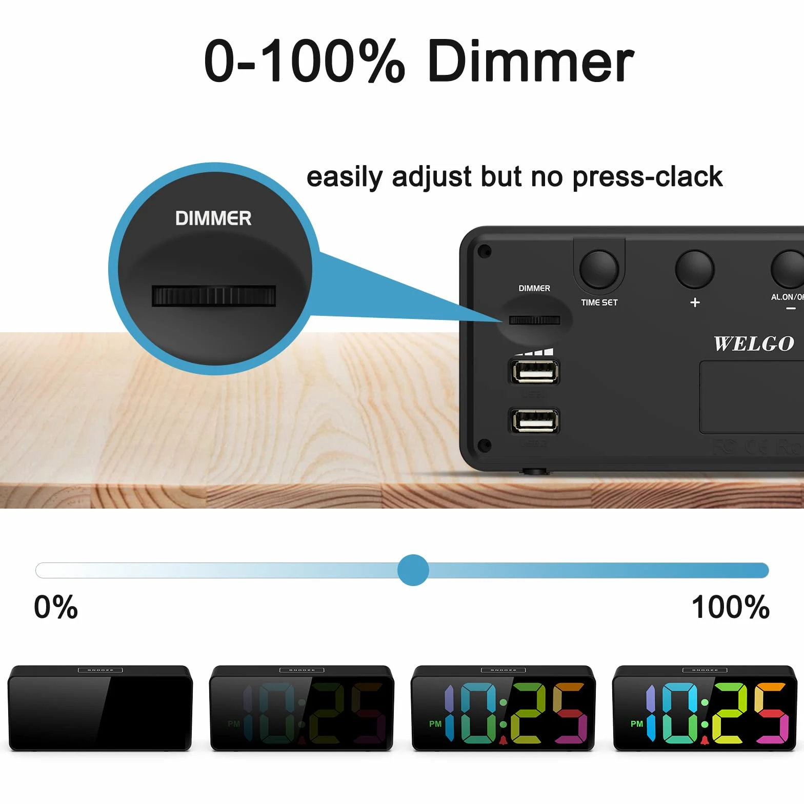 Welgo - Reloj despertador de gran cantidad de 7.5 pulgadas para personas mayores y niños, 0-100% de brillo y volumen ajustable, puerto de carga USB, operación fácil, repetición, fuente de alimentación