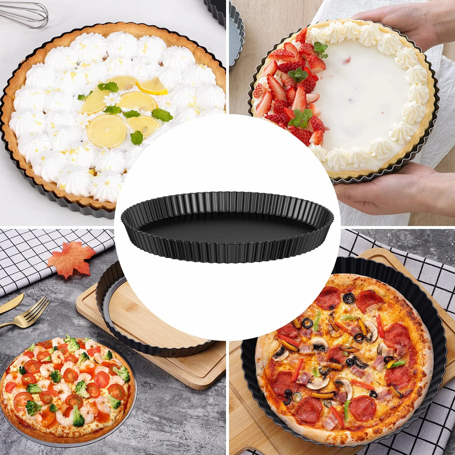 Lixiluxia Moldes Tartas Redondo 28cm, Molde para Quiche con Base Extraíble, Molde Tartaletas de Acero al Carbono Antiadherentes, Forma de Quiches, para Pasteles, Pizza, Tarte Tatin, Pie Pan, Negro