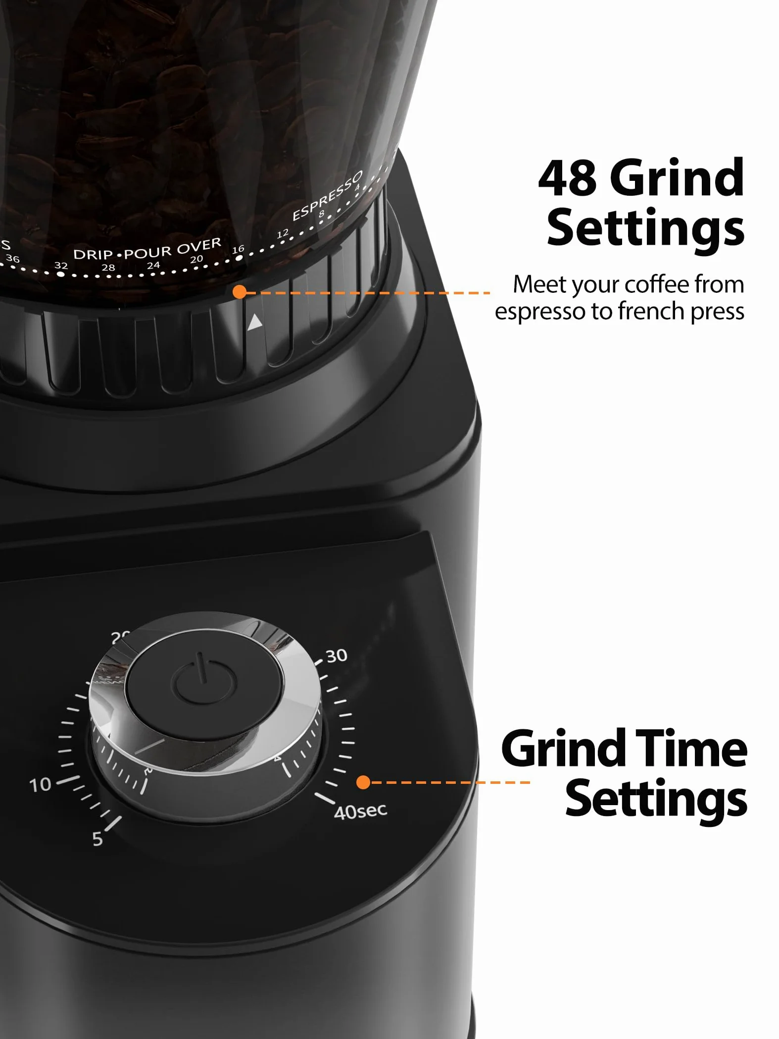 Aromaster - Molinillo de frijoles de café con 48 ajustes de gind, molinillo de café cónico para uso doméstico, acero inoxidable, temporizador ajustable de 40 segundos, antiestático, fácil de limpiar