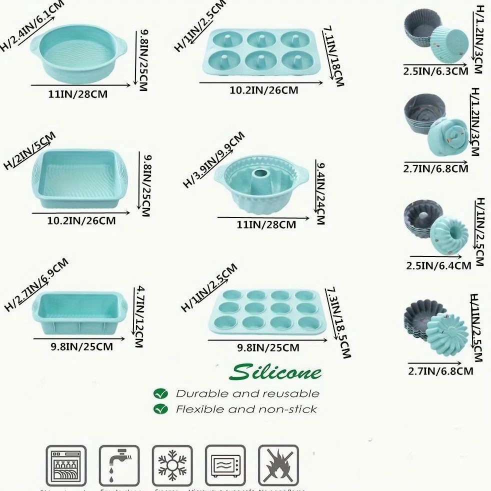 NYSDM - Juego de 30 Utensilios antiadherentes de Silicona para Hornear, Incluye Molde para Hornear, Molde para Pasteles, Molde para donas, Molde para Muffins y 24 moldes de Silicona para Cupcakes