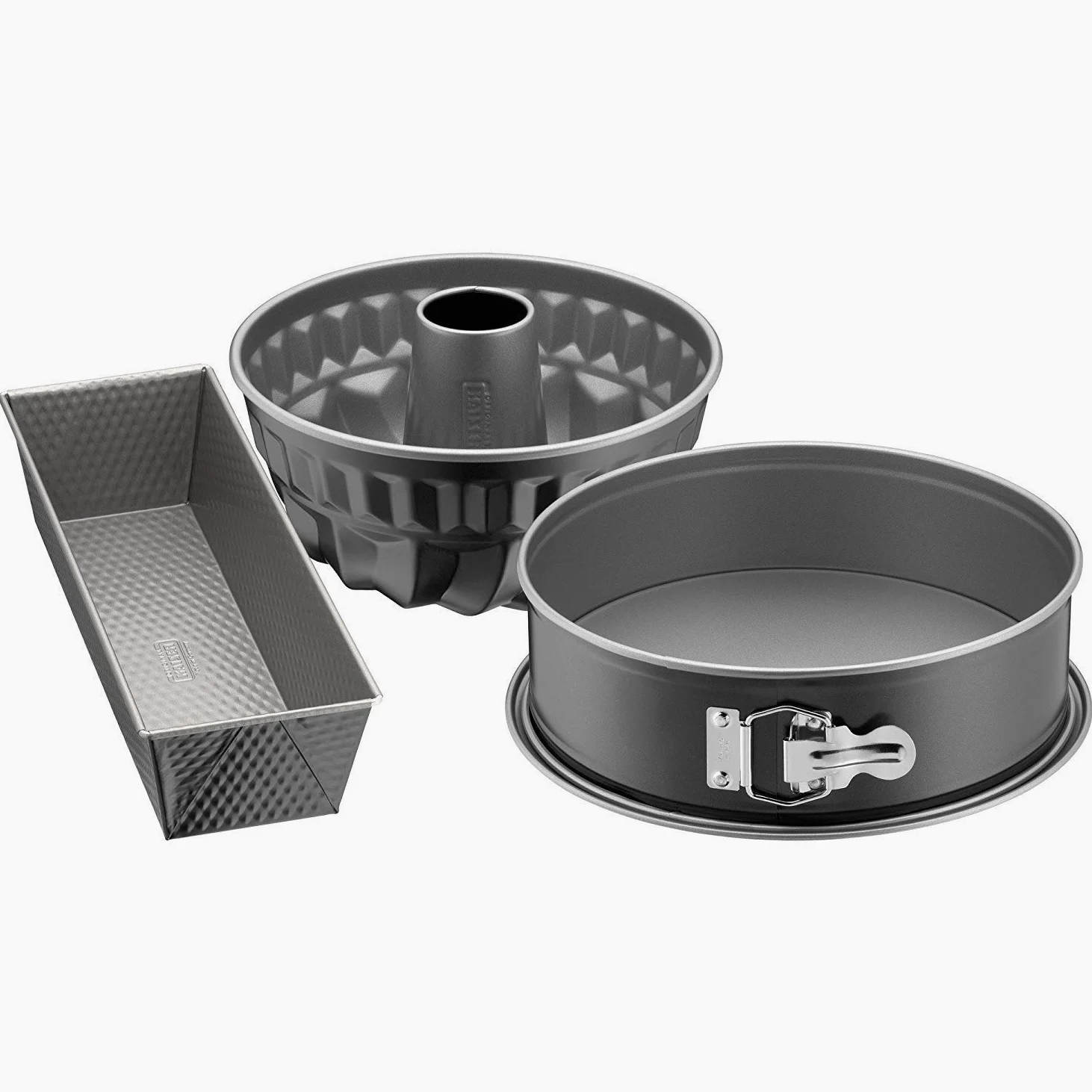 Original Kaiser Moldes para hornear: juego con molde redondo desmontable Ø26 cm, Bundt Ø22 cm y rectangular 30 cm, gris
