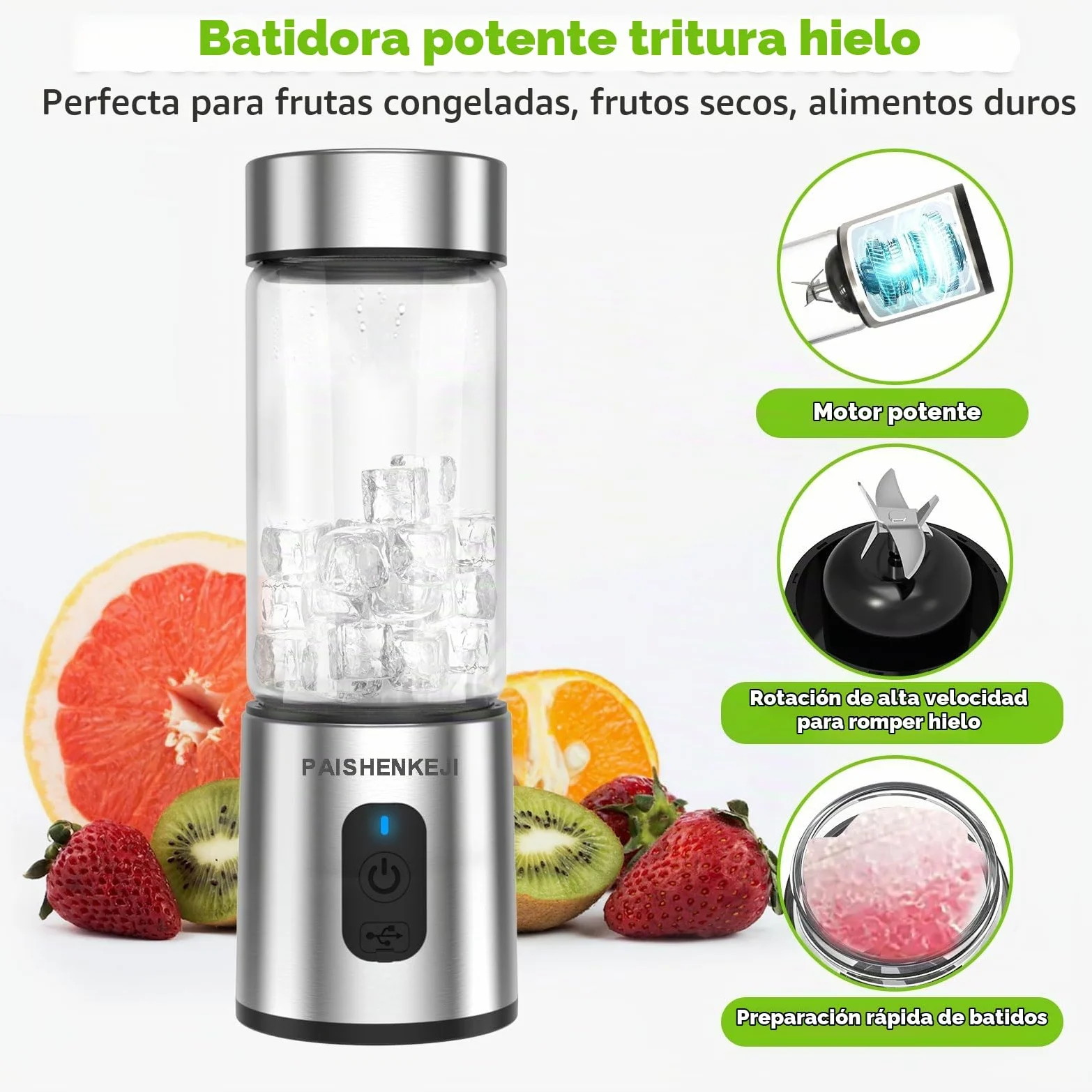 Batidora portátil de cristal para batidos y licuados: Batidora personal para triturar hielo y fruta congelada, mini exprimidor de 400 ml ideal para batidos, licuados y zumos, Smoothie Maker