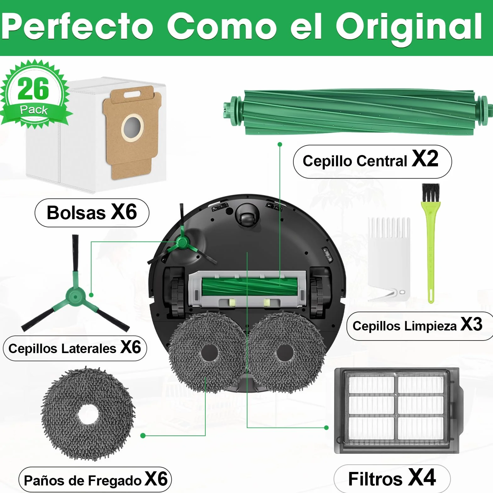 505 Accesorios Recambios para iRobot Roomba Plus 505/405 / 500/400 / 506/507 Combo Repuestos Piezas Kit 6 Bolsas Polvo 2 Cepillos Principales 6 Cepillos Laterales 4 Filtros 4 Paños