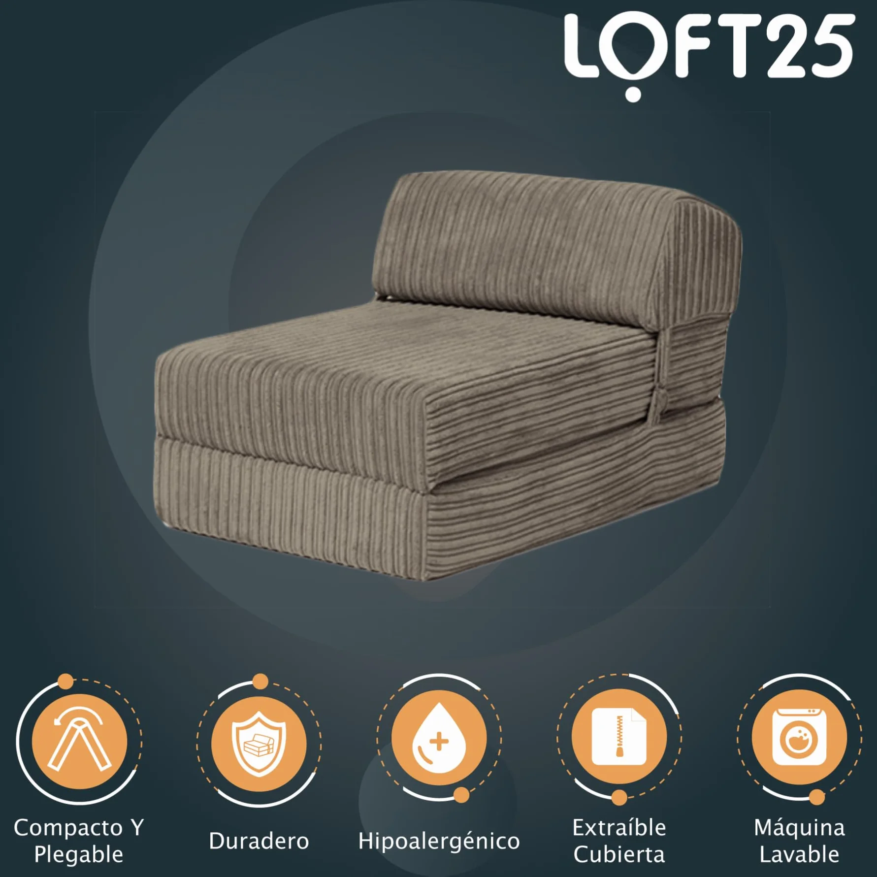 Loft 25 Jumbo Cord Plegable sofá Individual Futón Z-Cama | Sleepover Guest Living Room | Silla Suave y cómoda | Ligero y Duradero | Muebles de Tela de Calidad Cord (Acero)