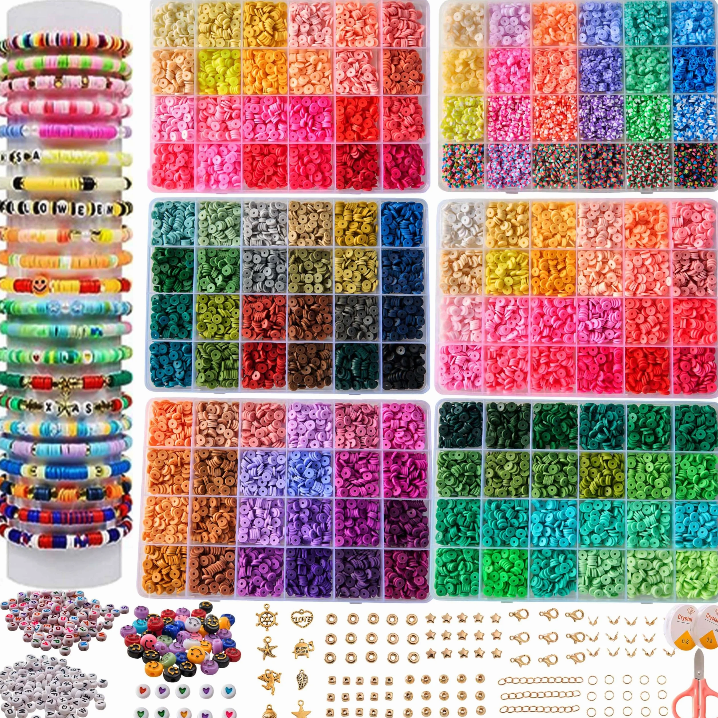 XMZCOLA Kit de cuentas de arcilla para hacer pulseras, 18800 piezas, 144 colores, 6 mm, kit de cuentas Heishi de polímero plano, suministros de joyería, juego de regalos de manualidades para niñas y