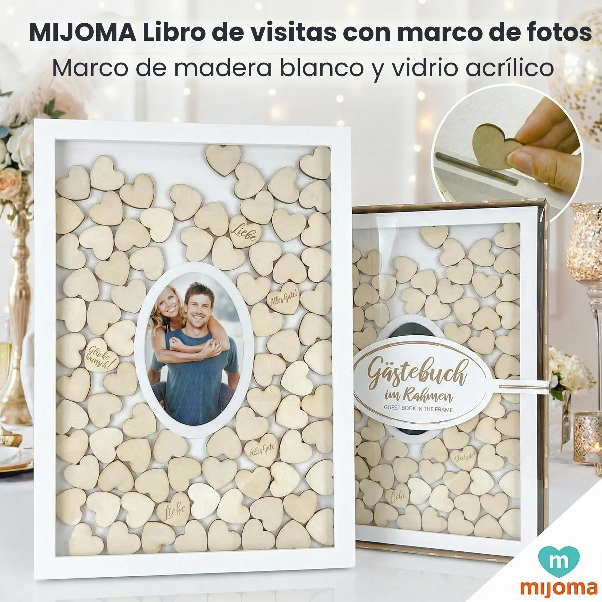 MIJOMA Marco de fotos de libro de visitas, recuerdo con 72 corazones de madera, para bodas y fiestas, color blanco y natural