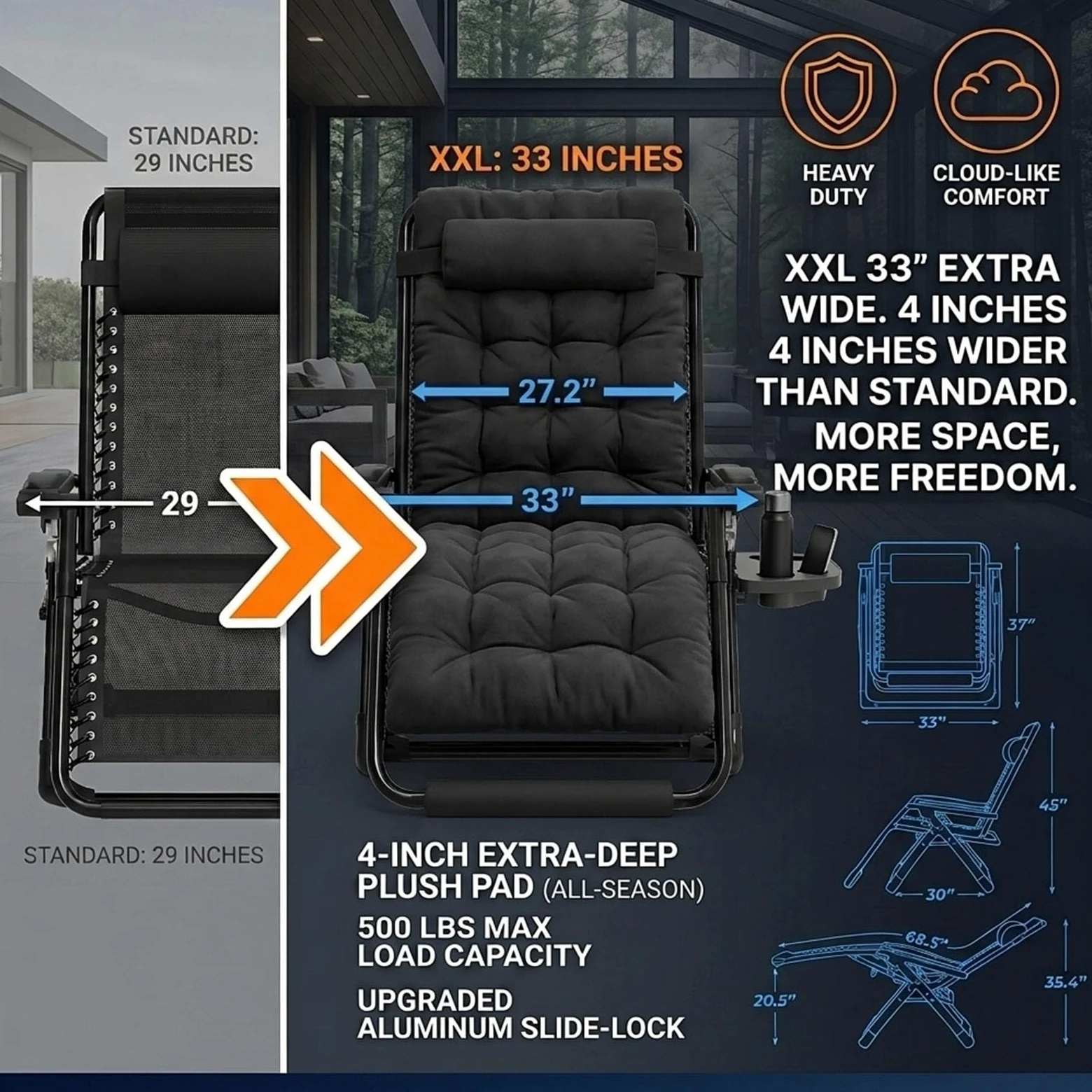 Silla Gravedad Cero XXL 33 Pulgadas Sillón Relax con Cojín 10cm Suave Todo Clima Camastro Plegable 226kg para Terraza Jardín Dormitorio y Descanso