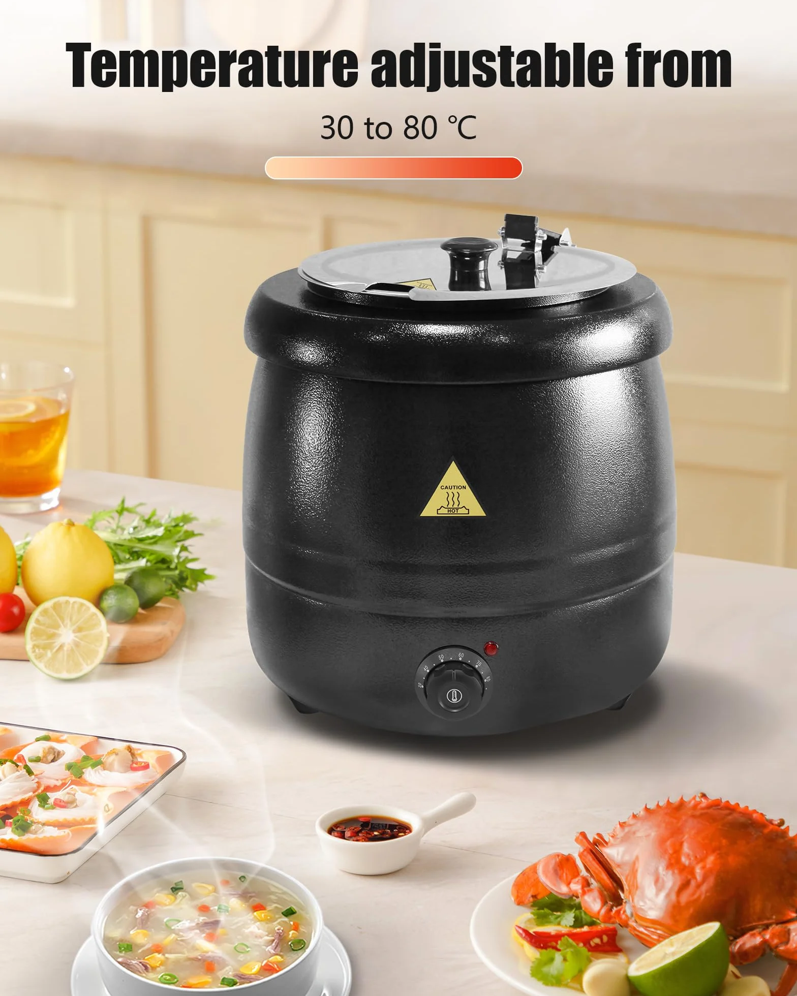 Olla Eléctrica hasta 10L, Hervidor de Sopa con Tapa abatible e Interior extraíble de Acero Inoxidable hasta 80°C para reuniones en casa, Fiestas, restaurantes y cafeterías Calentador de Sopa