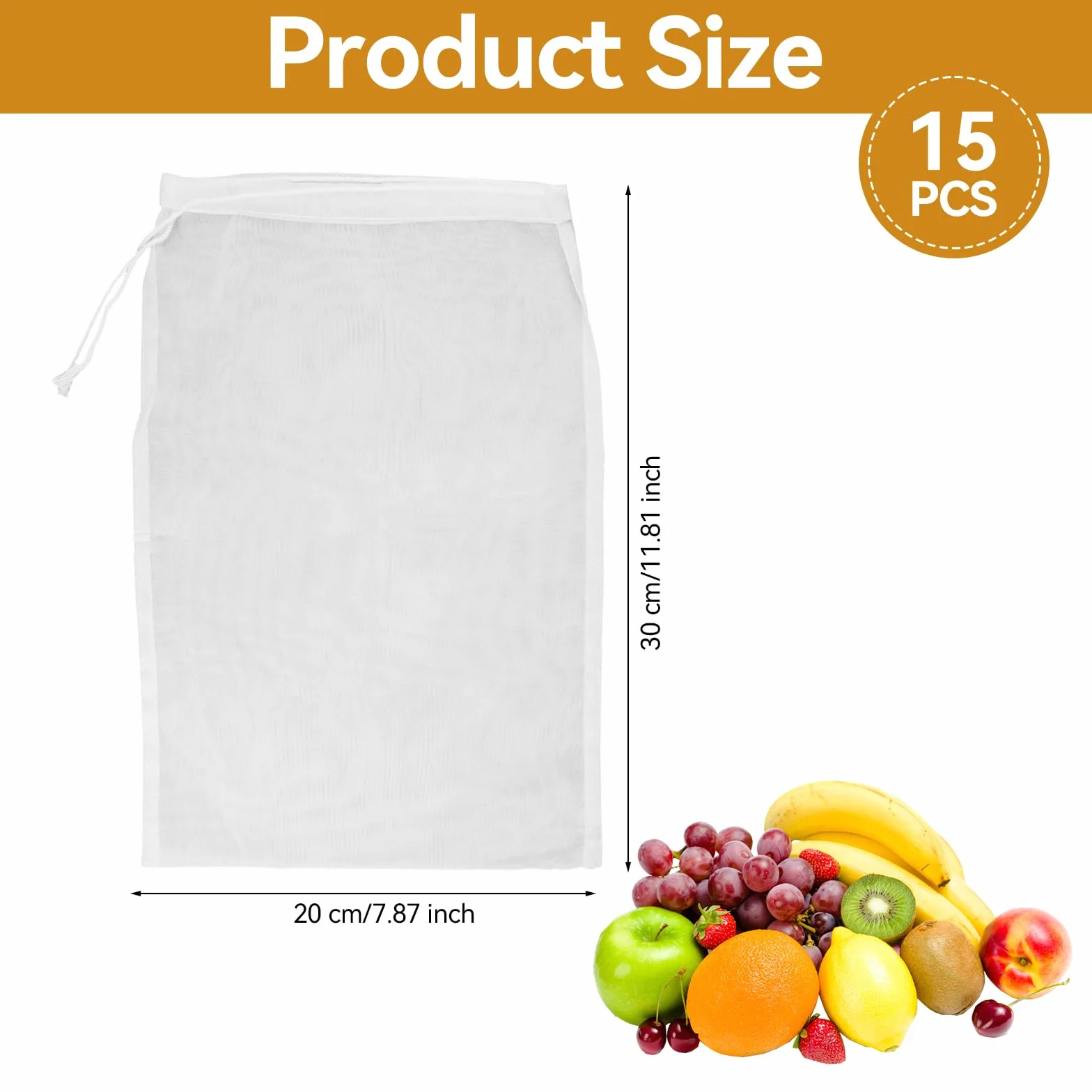 15 Piezas Bolsas de Leche de Nueces, 30x20 cm Bolsas Reutilizables Malla Fina Nailon con Cordón, Malla para Leche Vegetal, Bolsa Filtro Verdura, para Queso, Zumo de Frutas, Café, Zumo de Verduras, Té