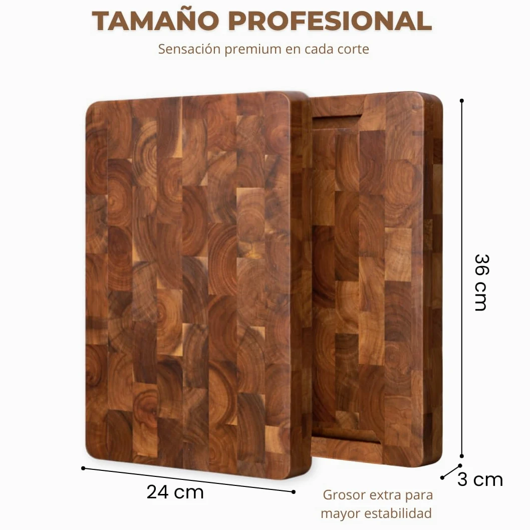 Tabla de Cortar de Madera de Acacia Profesional 36x24x3 cm | Antibacteriana y Resistente | Tabla de Cocina Premium con Asas Laterales | Incluye Delantal Profesional Negro