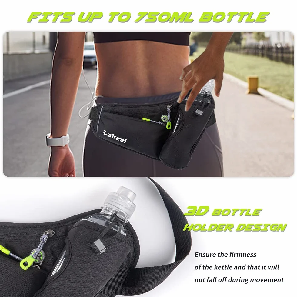 Cinturón de hidratación para correr con soporte para botella, riñonera reflectante ajustable, portabotellas, compatible con teléfono, negro