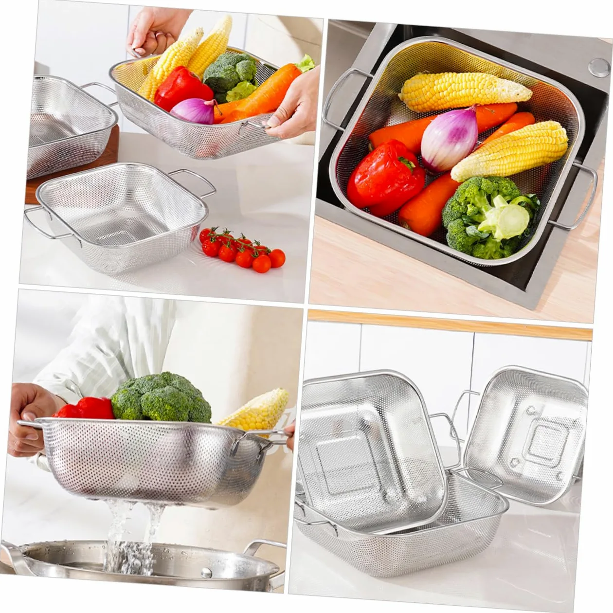 OUNONA Colador de Arroz de Acero Inoxidable Cesta de Drenaje Cocina con Asas Dobles para Frutas Verduras y Arroz