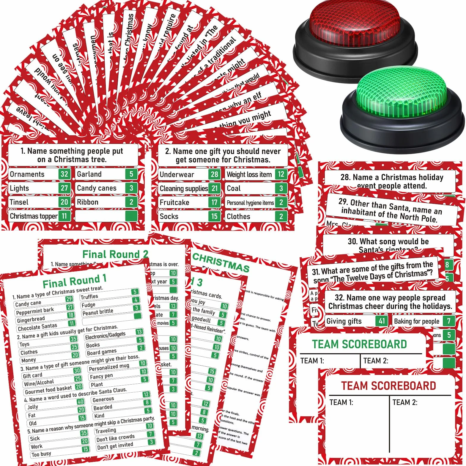 Vinsot Juego de 50 piezas de feudo con respuesta, zumbador, juego de fiesta de pelea de Navidad, divertido juego de preguntas familiares para vacaciones, fiesta de Navidad, oficina, grupos de adultos