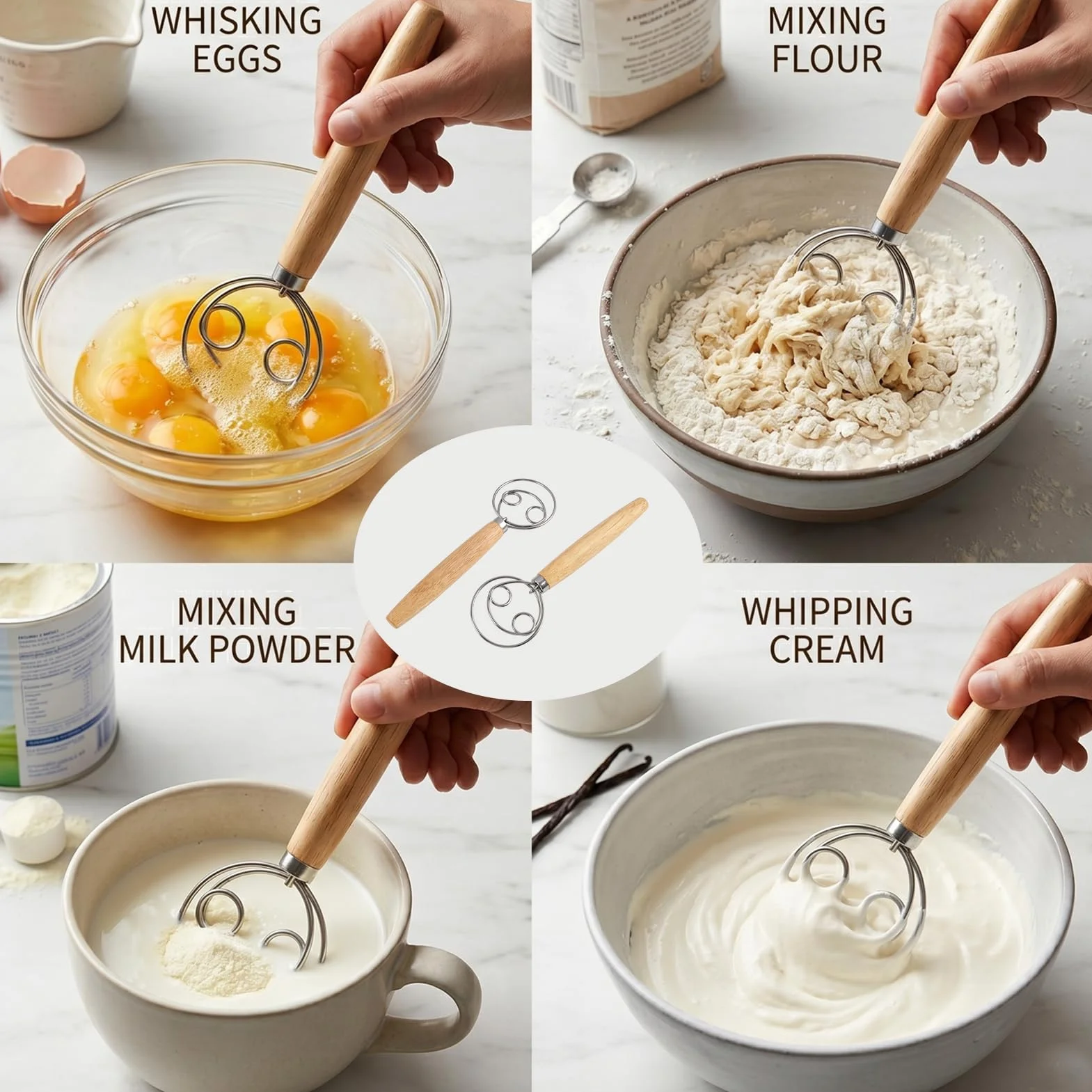 Batidor de Masa Danés de Acero Inoxidable con Mango de Madera,Doble Espiral, Mezclador de Masa para Pan, Masa de Pizza, Pastelería, Herramienta de Panadería, Mezclador de Mano