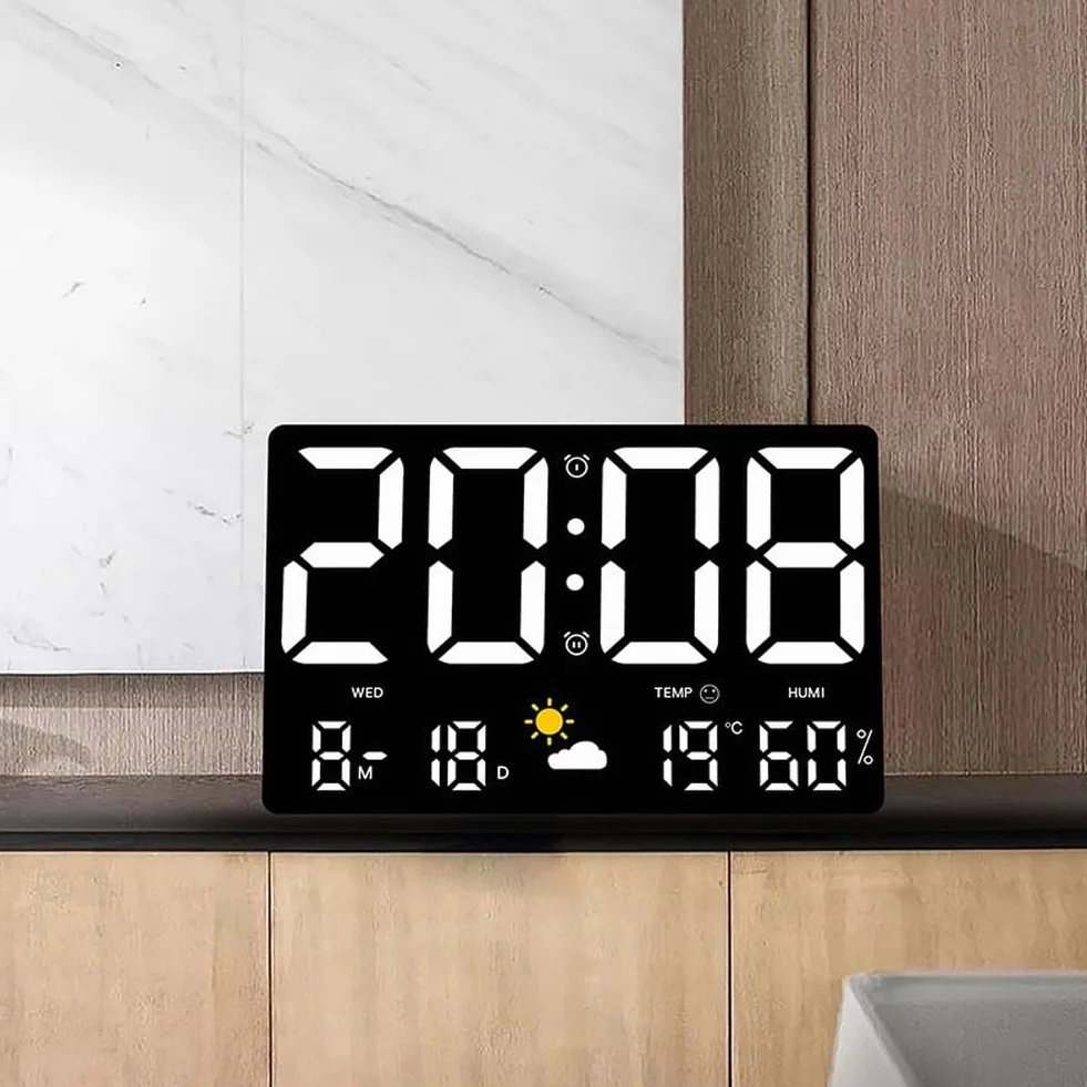 Reloj de pared digital LED grande con estación meteorológica, monitor de temperatura y humedad, visualización de calendario, ajuste automático de brillo, escritorio o soporte de pared para