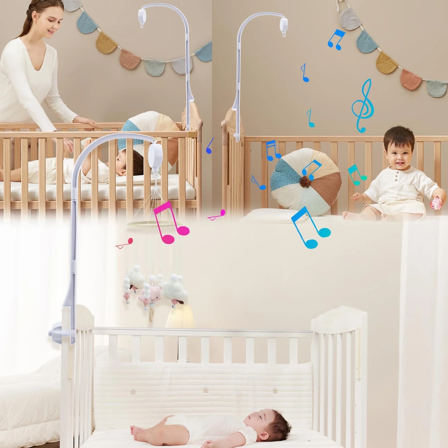 Movil Cuna Bebe, Bebé Móvil con Musica para Cuna, Soporte Ajustable DIY Infantil Juguetes de Decoración Caja de Música Soporte de Brazo, Móvil Bebé para Cuna para Bebé 0 a 24 Meses