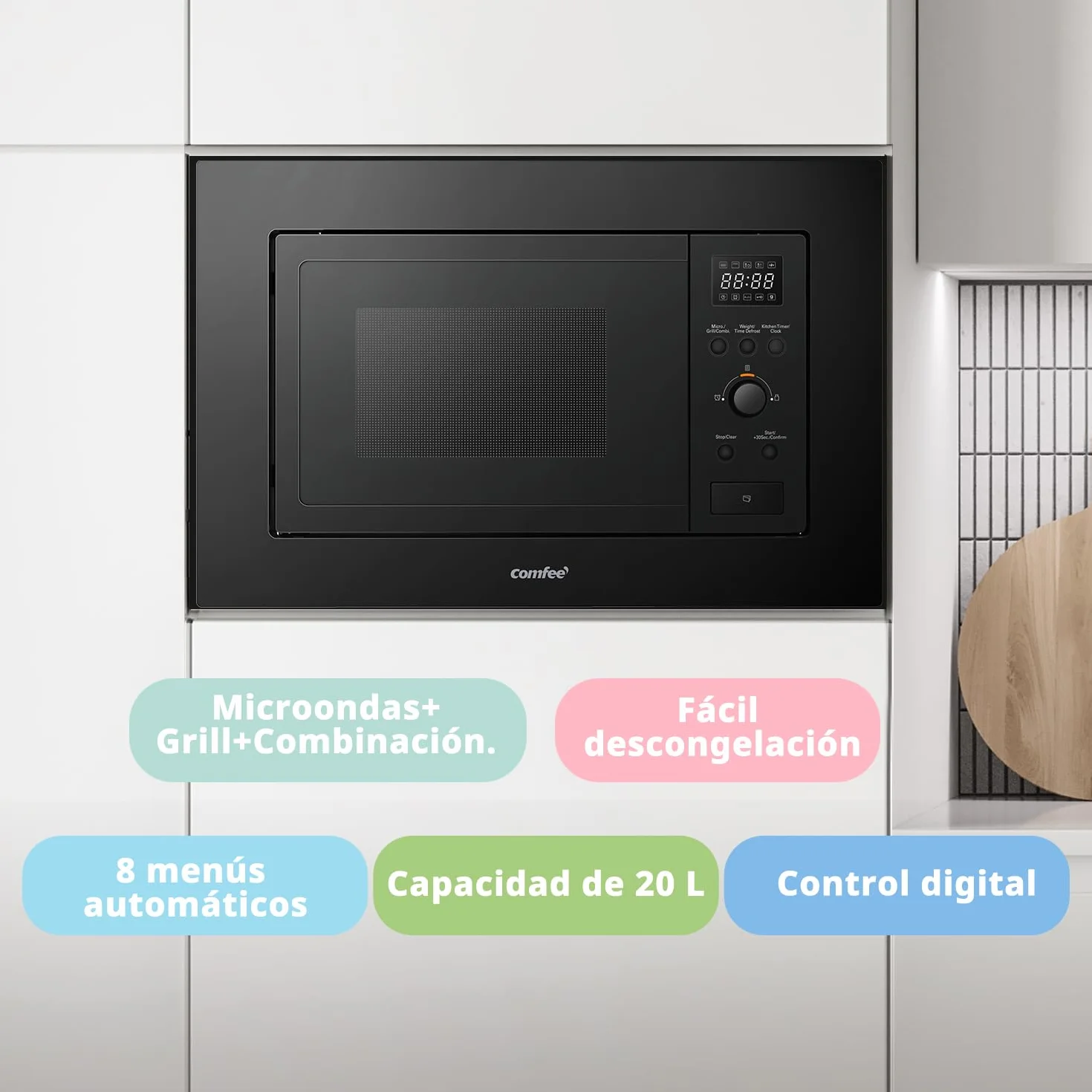 COMFEE' CBMAG820BJL-BK Microondas empotrado de 20 litros con grill, controles digitales, 8 niveles de potencia, descongelación rápida y 8 menús automáticos, color negro Visita la tienda de Comfee