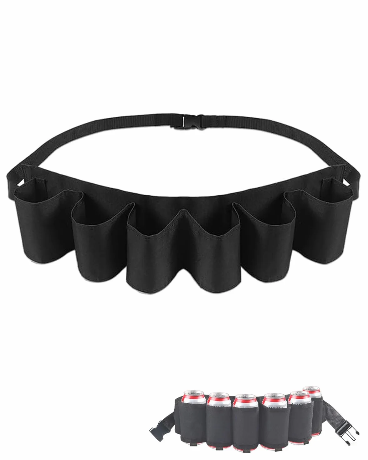 Cinturón Porta Cervezas con 6 Portavasos Nylon, para Fiestas Camping Viajes Barbacoa Negro