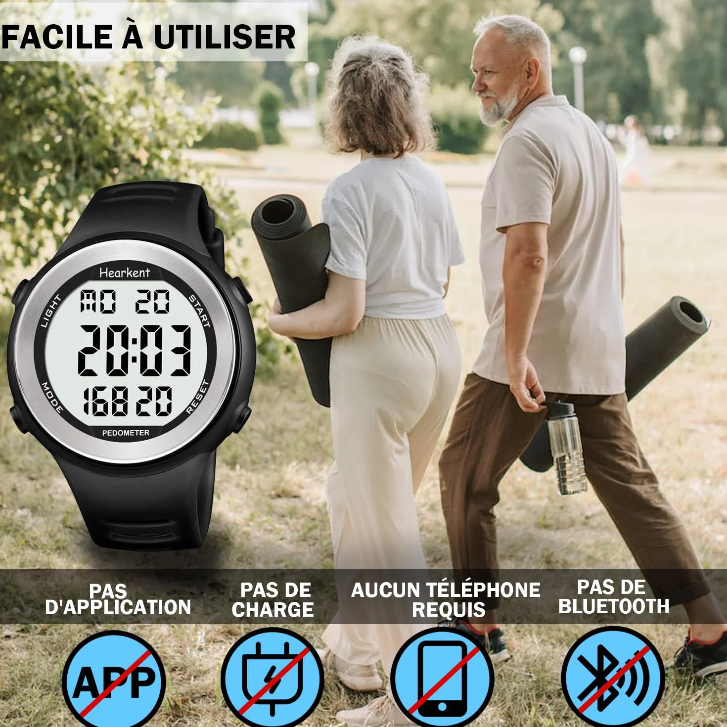 Hearkent Reloj podómetro impermeable para personas mayores sin Bluetooth