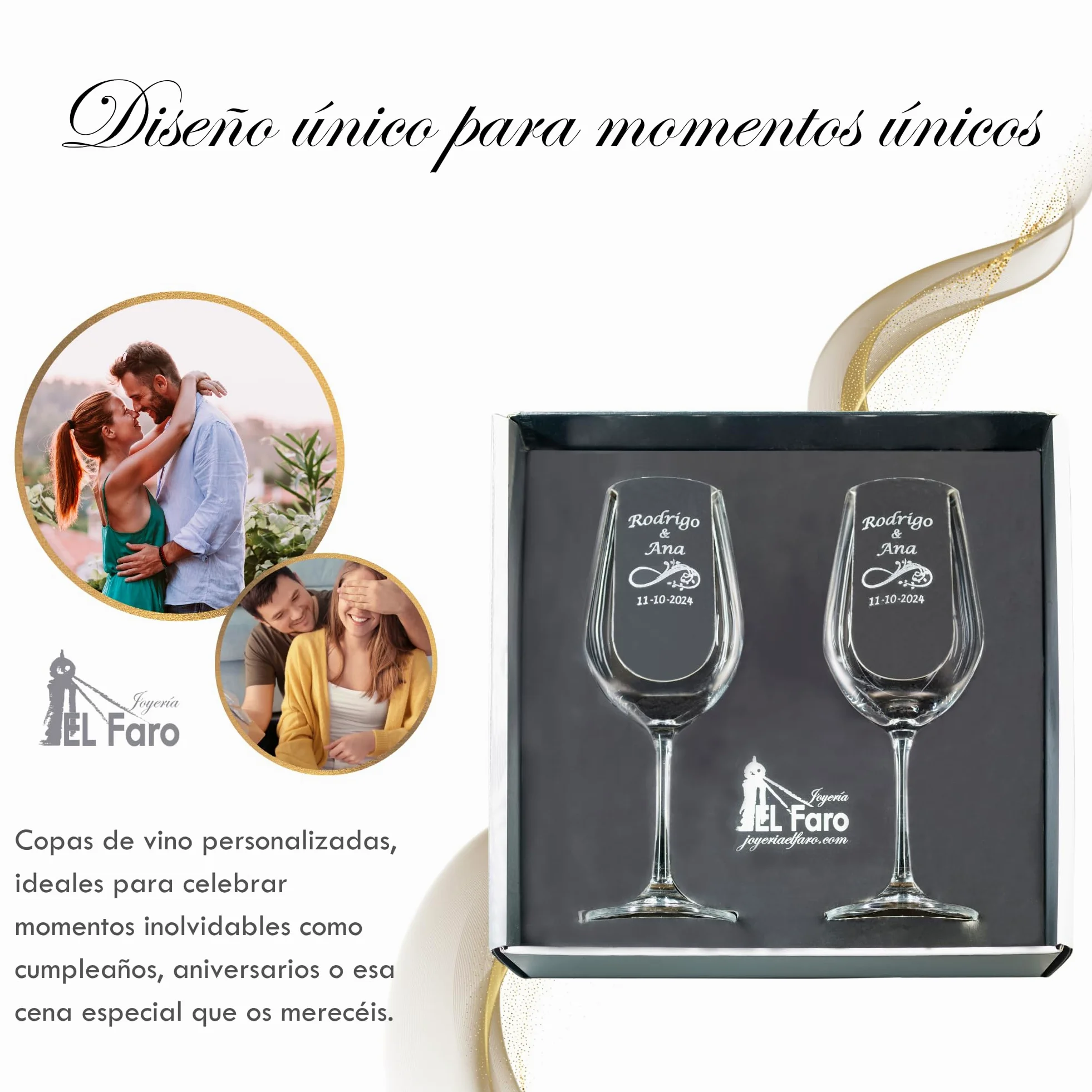 JOYERIA EL FARO | Copas de vino personalizadas | Estuche premium incluido | Brinda y celebra el amor (Infinito)