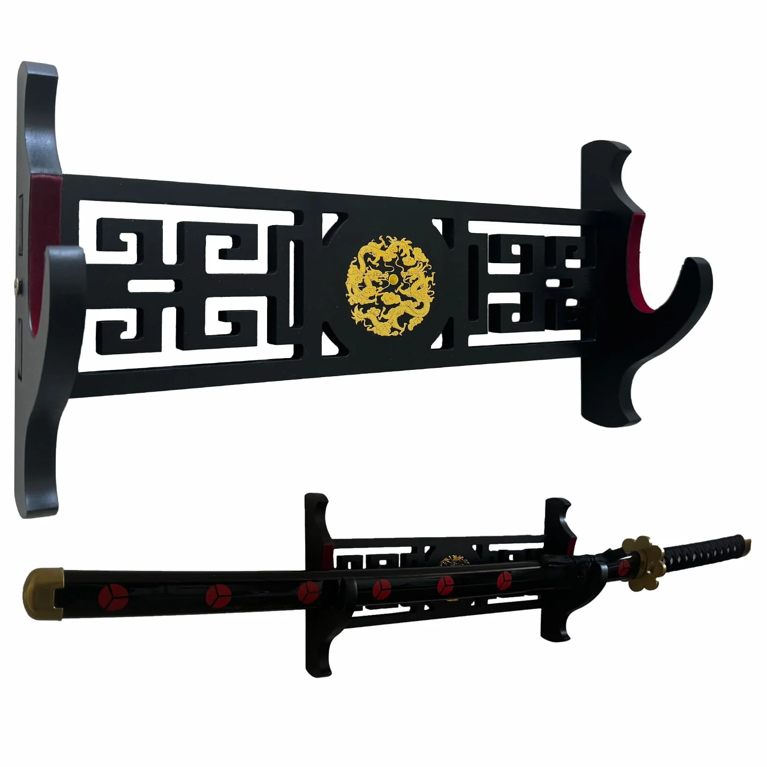 Soporte de espada Katana de 1 nivel, icono de dragón de terciopelo, acolchado, para samurai, Wakizashi