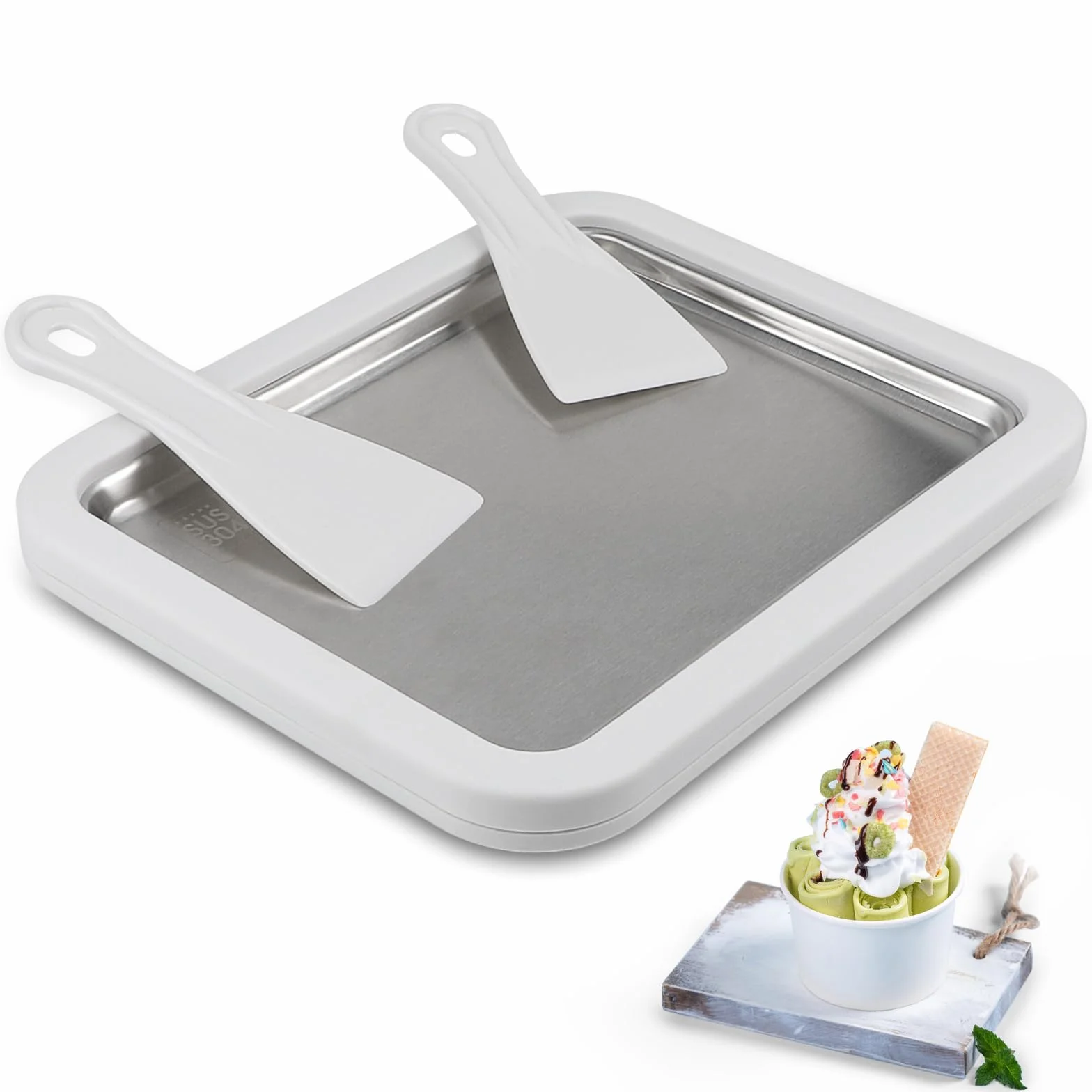 DBREAKS Fabricante de rollos de helado,Plancha para Helados,Maquina de hacer helados,INstant Ice Cream Roll Maker,Heladera Instantánea de acero inoxidable para helado de yogur helado sorbete,Blanco