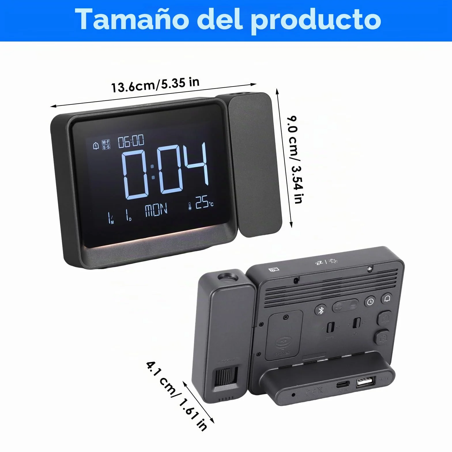 Despertador Proyector Techo,Relojes de Proyección Digital con Temperatura,Modo día laborable/Fin de Semana,Fecha,Bluetooth,Snooze,Luz Nocturna,12/24 Horas,4 Niveles de Brillo Ajustable para Dormitorio