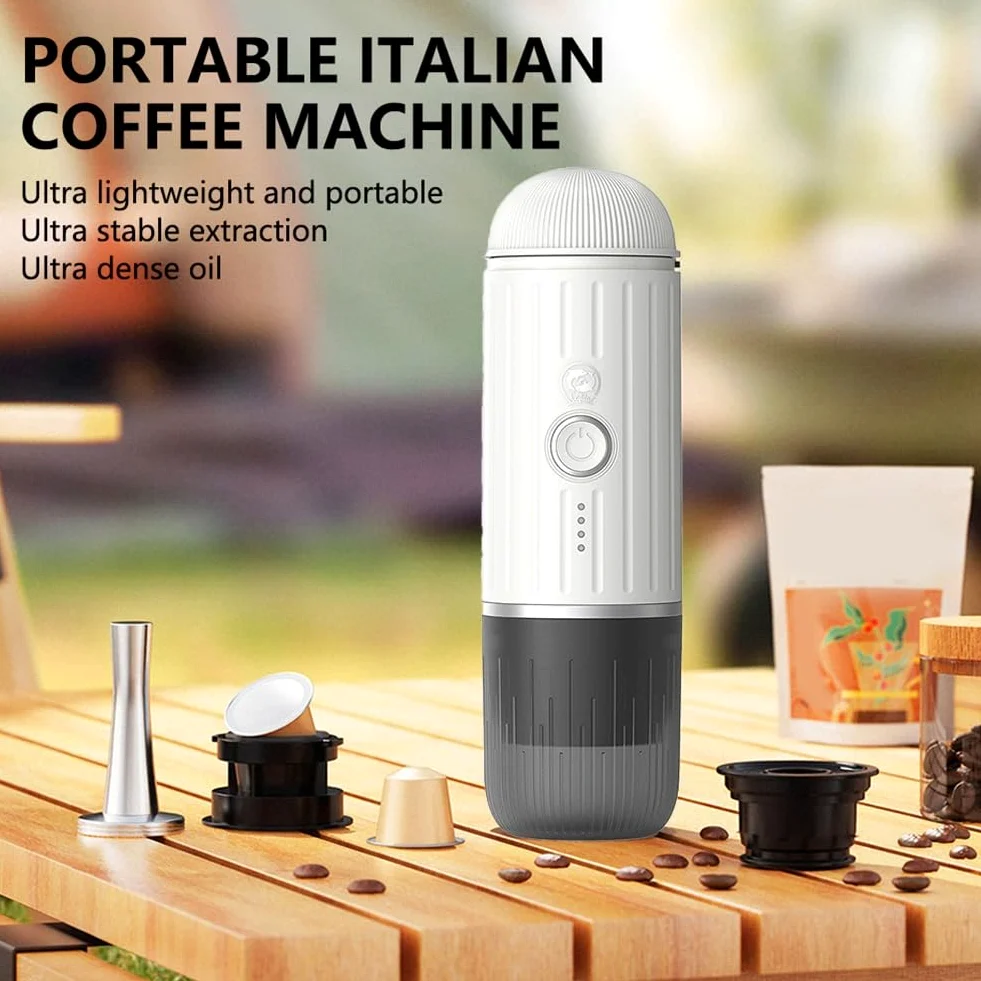 Bamberg Mini Cafetera de Cápsulas 2 en 1, Portátil, Compatible con USB, con Cápsulas y Café Molido, Intensidad Ajustable
