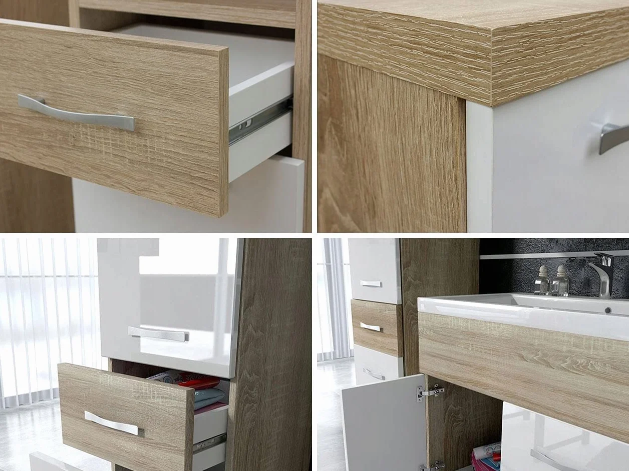 PIASKI Conjunto de Muebles de Baño Colgantes Alba con Lavabo, Tablero Laminado MDF, 6 Piezas, Estilo Moderno, 30x30x130 cm, 60 kg, Sonoma/Blanco Brillante
