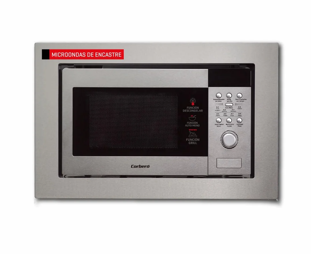 Corberó - Microondas Integrable | CMICIM122 | 20L | 800W | Easy-Tronic | Auto Menú | Descongelar | Grill | Cocina Exprés | 9 Niveles Potencia | Plato Giratorio 245mm | Con Marco | Inox