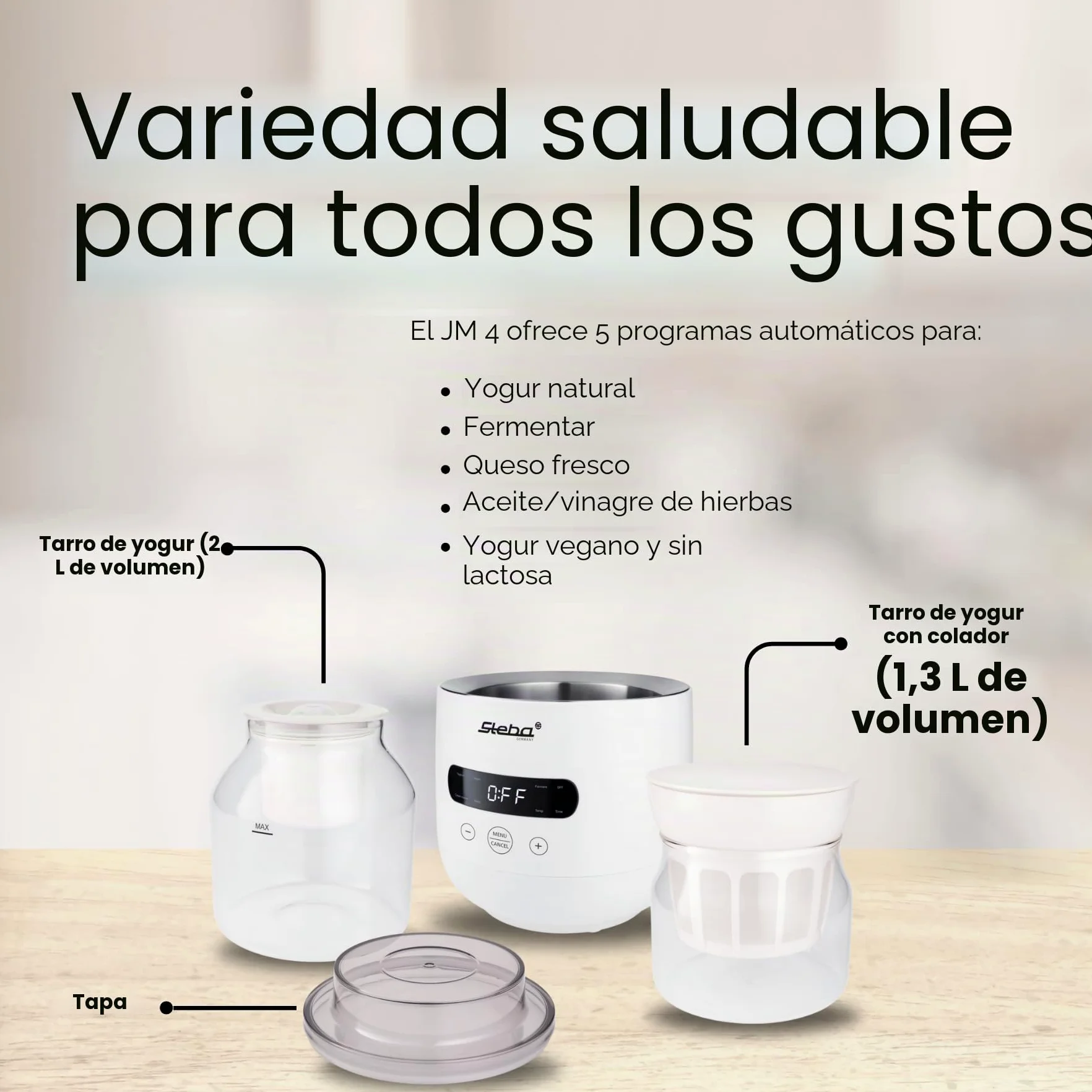 Yogurtera Steba para hacer yogur casero con una consistencia perfecta, 5 programas aromáticos, pies de goma antideslizantes y fácil limpieza. FERMENTO JM 4.