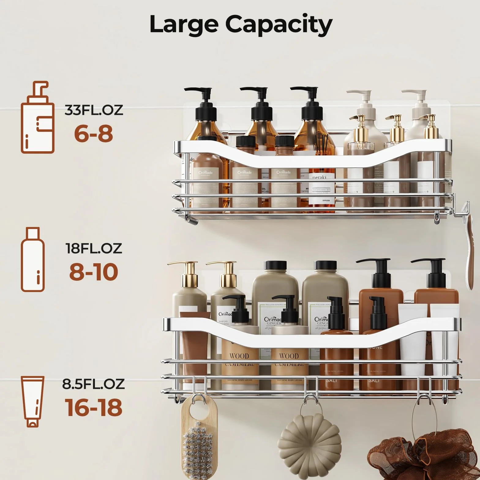 Orimade Adhesivo Estantes Cesta para Ducha con 5 Ganchos para Colgar Esponjas y Cuchillas Estanteria Organizador Baño Acero Inoxidable Sin Taladro Plata