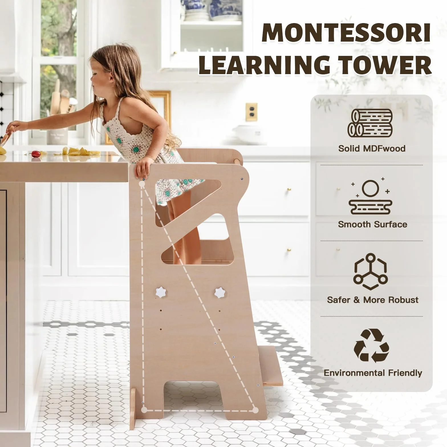 Labebe Torre de Aprendizaje Montessori 4 en 1 Regulable en Altura con Tobogán y Pizarra