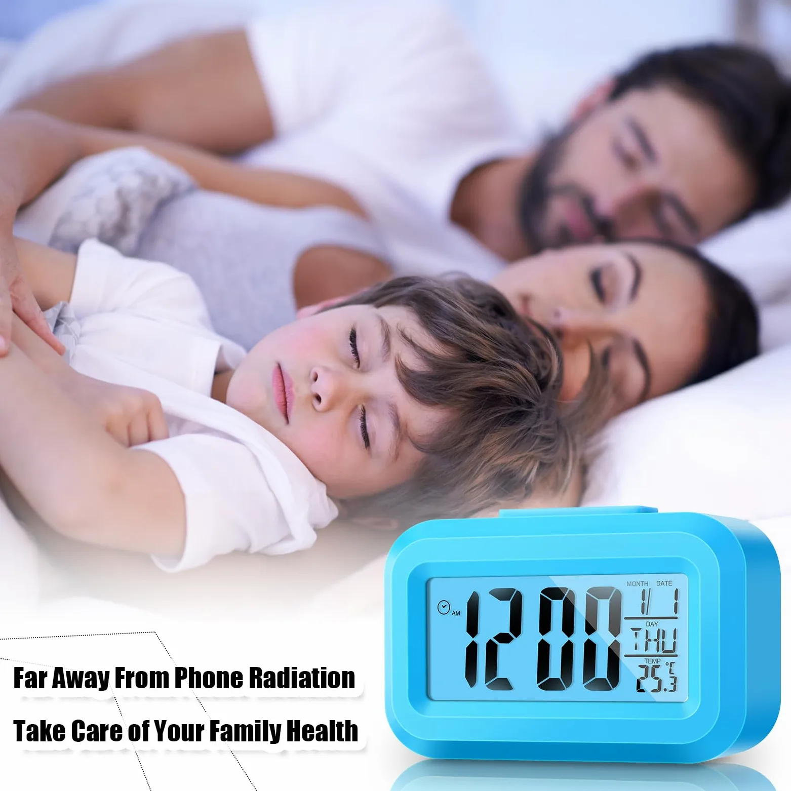 Highergo Paquete de 3 relojes despertadores digitales con pantalla LCD grande, funcionamiento simple, luz de fondo de repetición, hora, fecha, mes, reloj multifunción de temperatura para dormitorios,