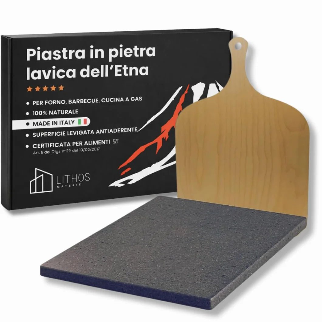 Kit de piedra antiadherente volcánica ollar Etna para pizza 39 x 35 x 2 + pala para horno eléctrico a gas y barbacoa para carne, pescado y verduras refractaria